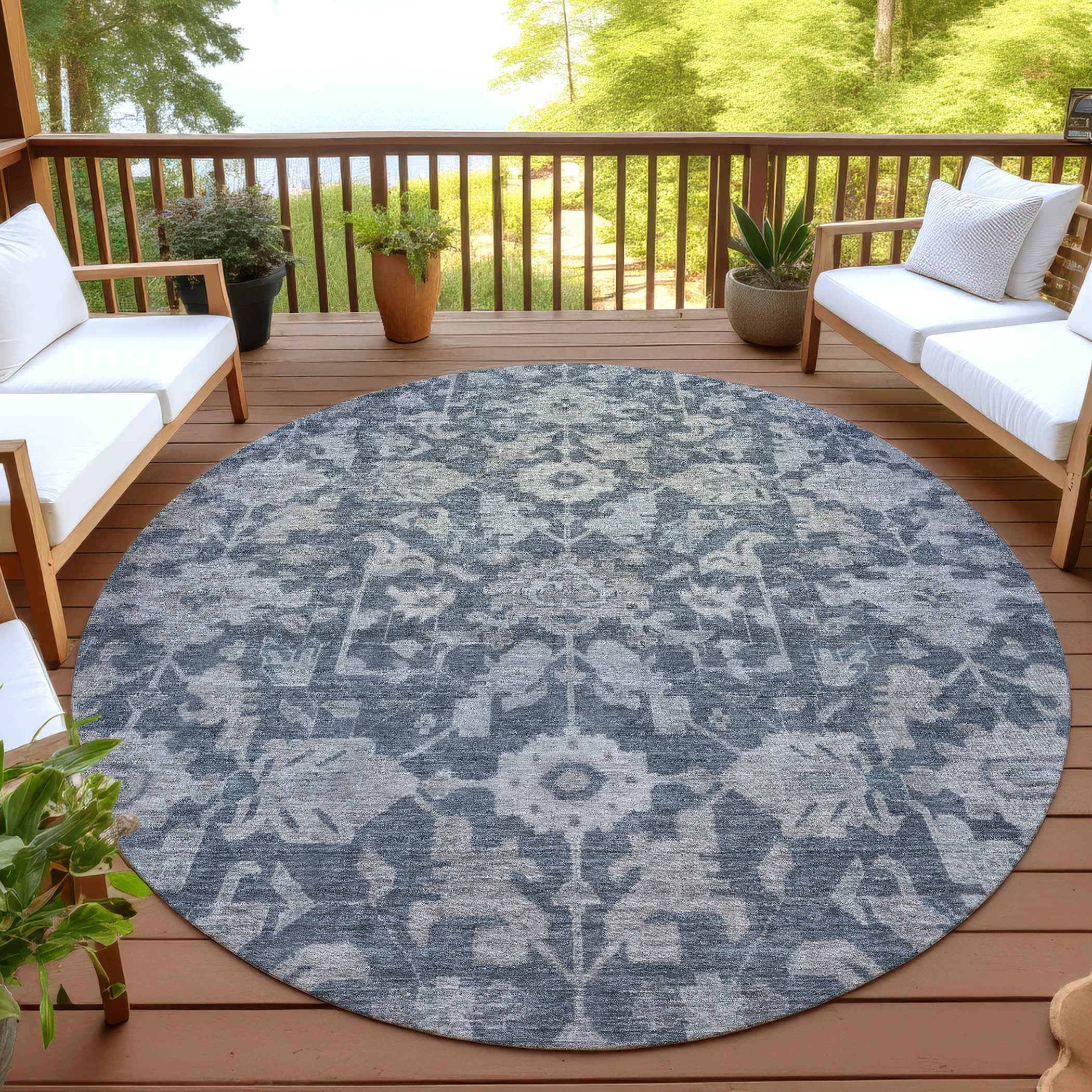 8' Denim Blue And Silver Round Floral Washable Indoor Outdoor Area Rug