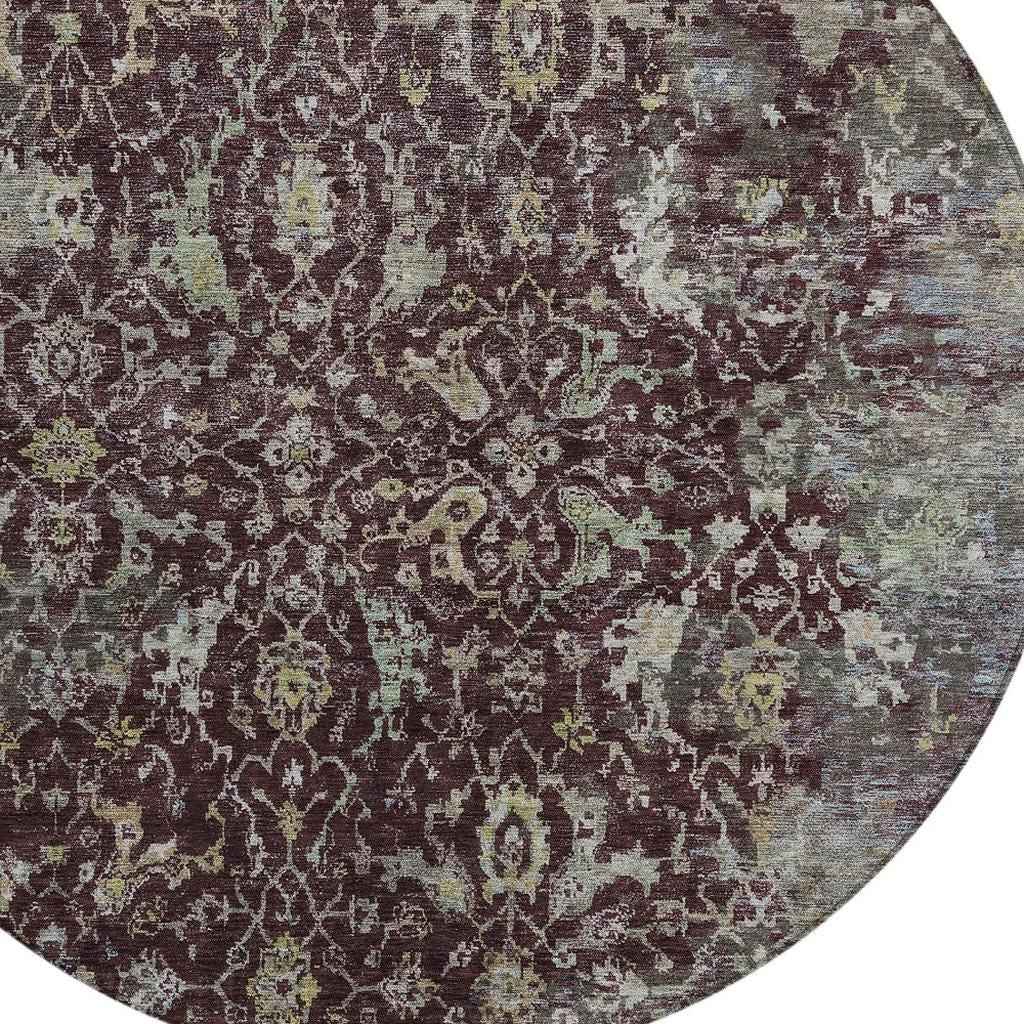 8' Burgundy And Gray Round Damask Washable Indoor Outdoor Area Rug