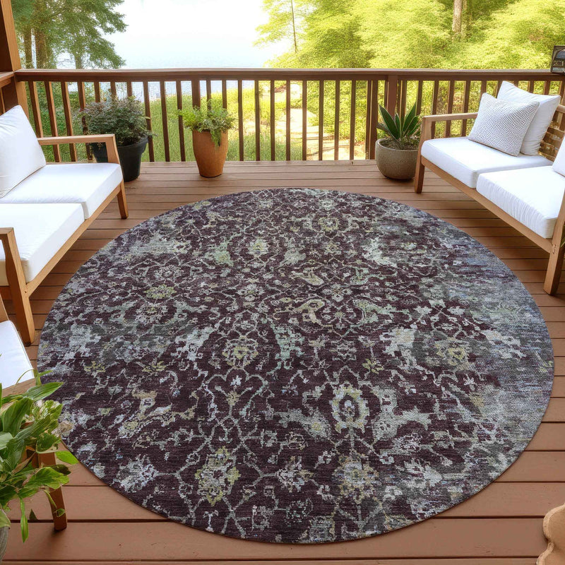 8' Burgundy And Gray Round Damask Washable Indoor Outdoor Area Rug