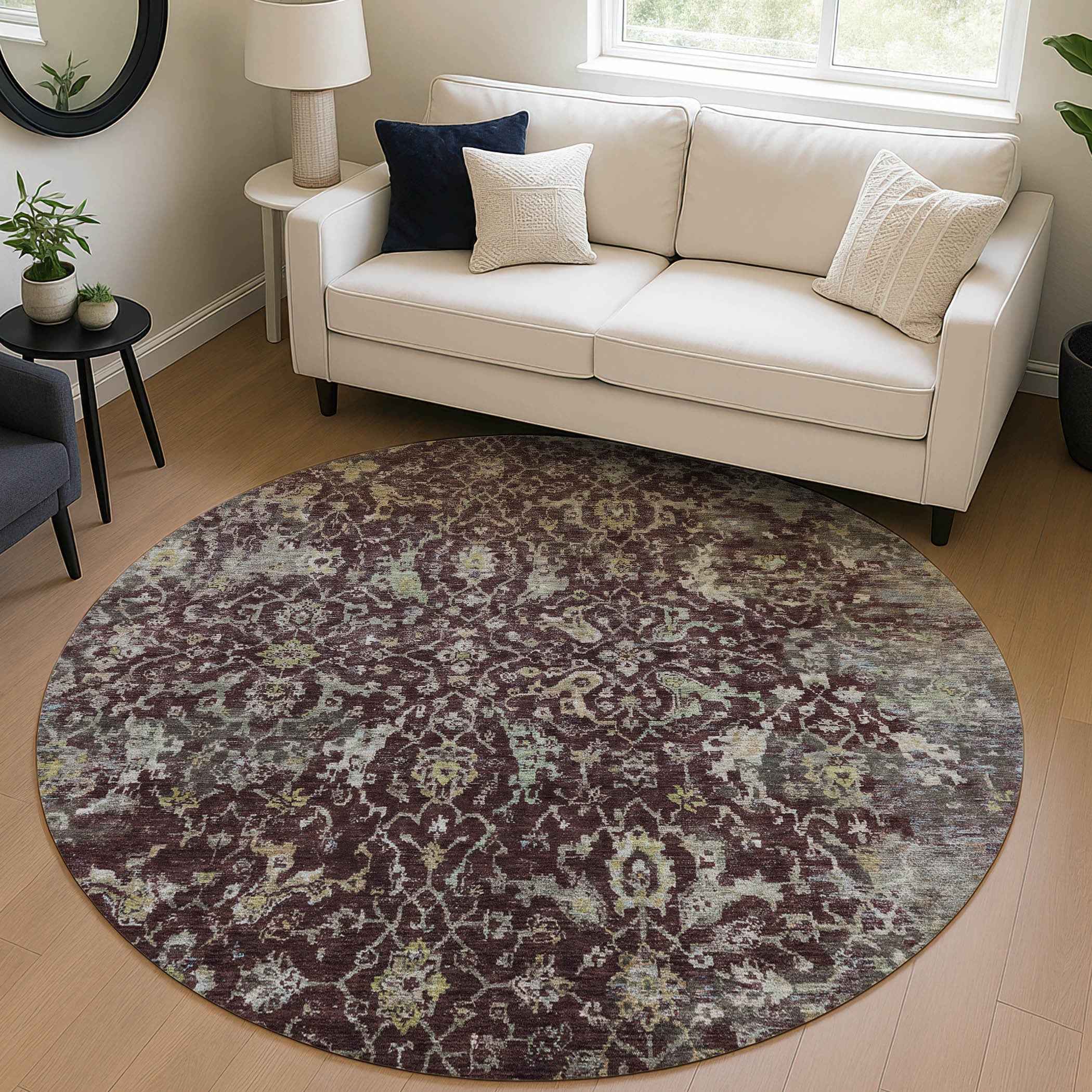 8' Burgundy And Gray Round Damask Washable Indoor Outdoor Area Rug