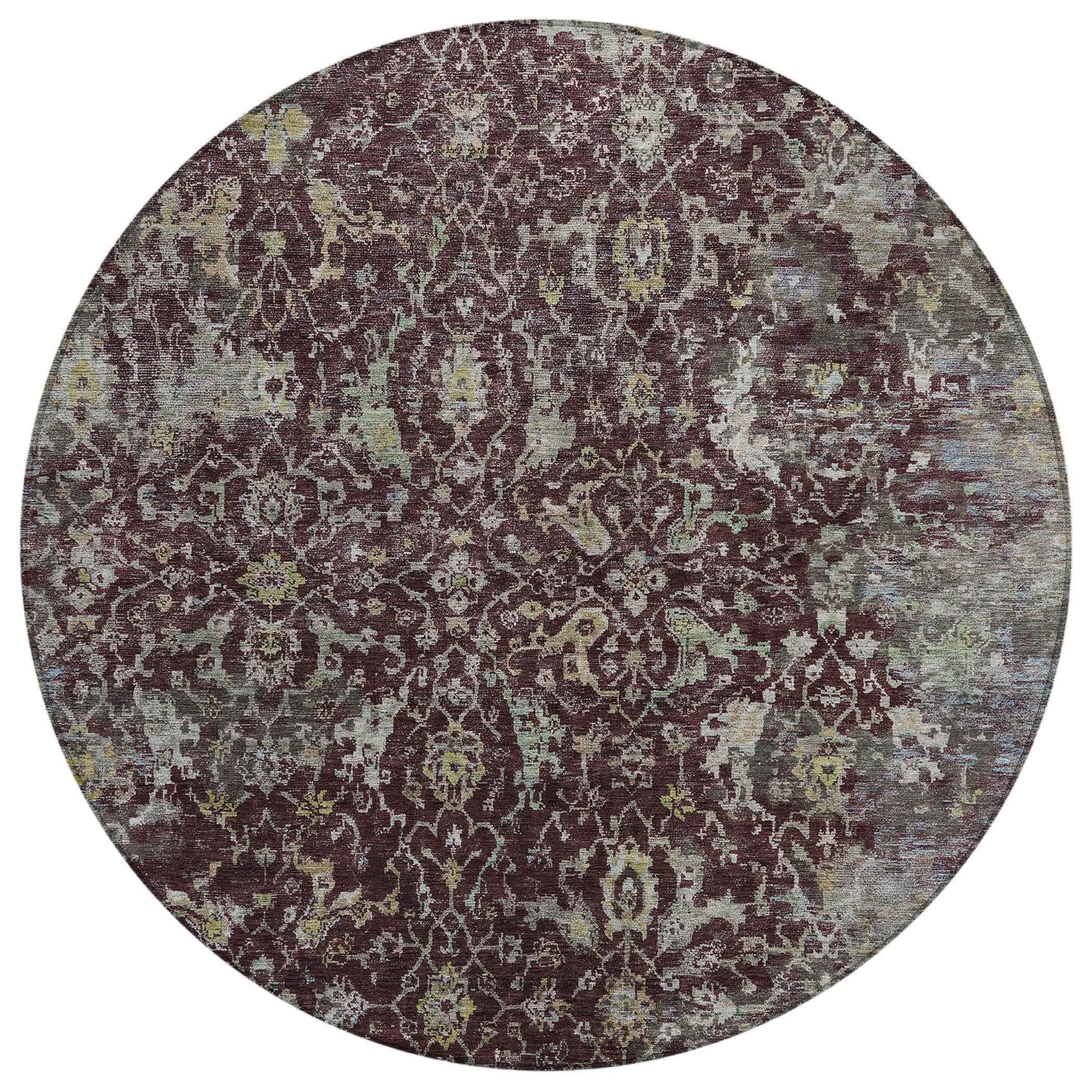 8' Burgundy And Gray Round Damask Washable Indoor Outdoor Area Rug