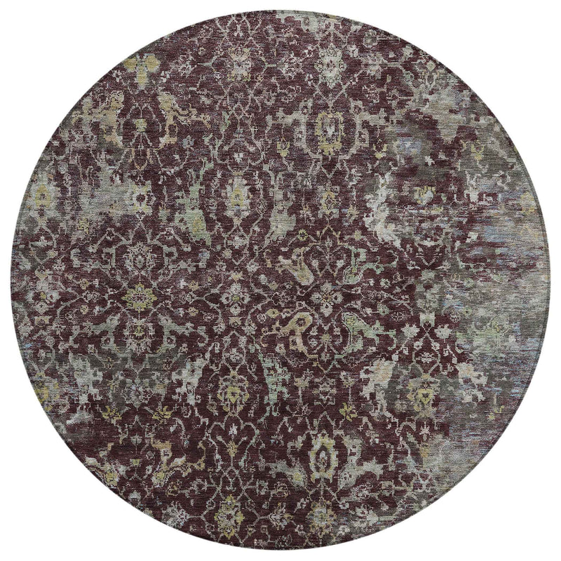 8' Burgundy And Gray Round Damask Washable Indoor Outdoor Area Rug