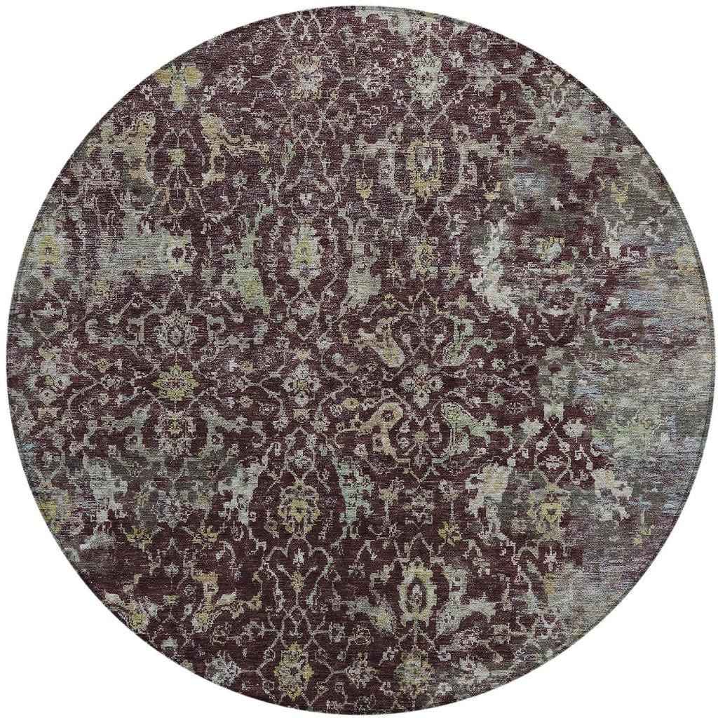 8' Burgundy And Gray Round Damask Washable Indoor Outdoor Area Rug