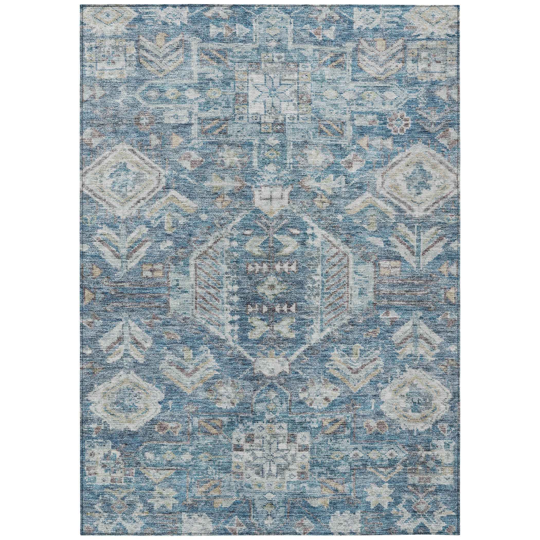 3' X 5' Denim Blue And Ivory Medallion Washable Indoor Outdoor Area Rug