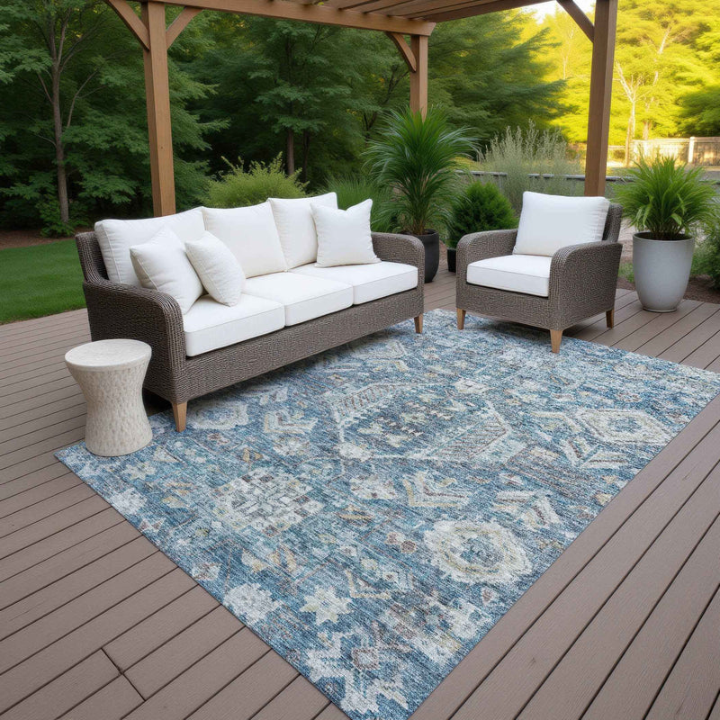 3' X 5' Denim Blue And Ivory Medallion Washable Indoor Outdoor Area Rug