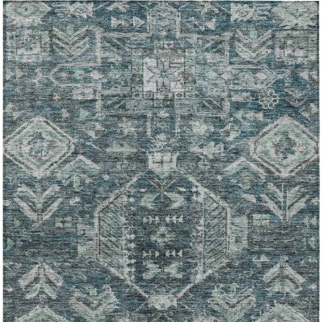 3' X 5' Teal Blue And Silver Medallion Washable Indoor Outdoor Area Rug