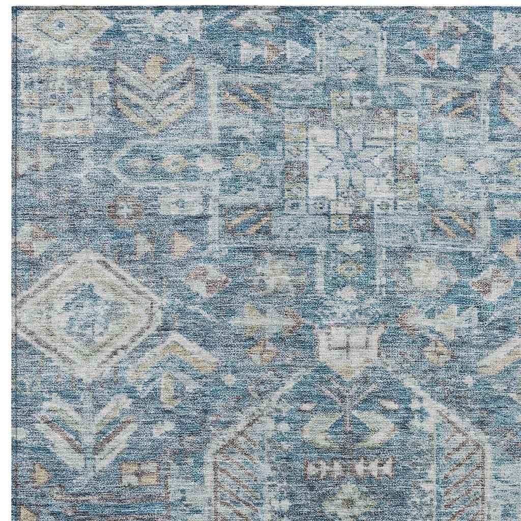 3' X 5' Denim Blue And Ivory Medallion Washable Indoor Outdoor Area Rug