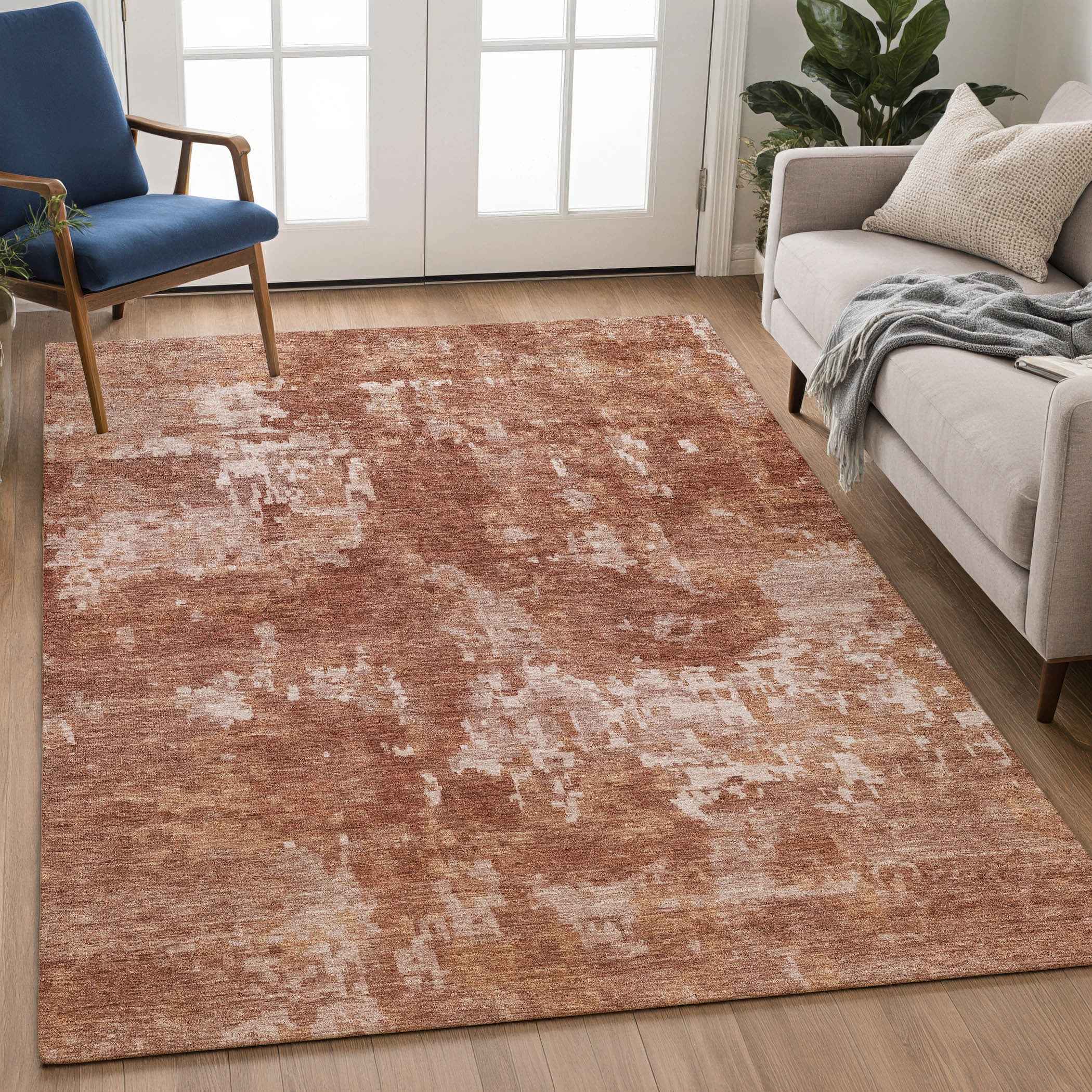 8' X 10' Copper And Ivory Abstract Washable Indoor Outdoor Area Rug