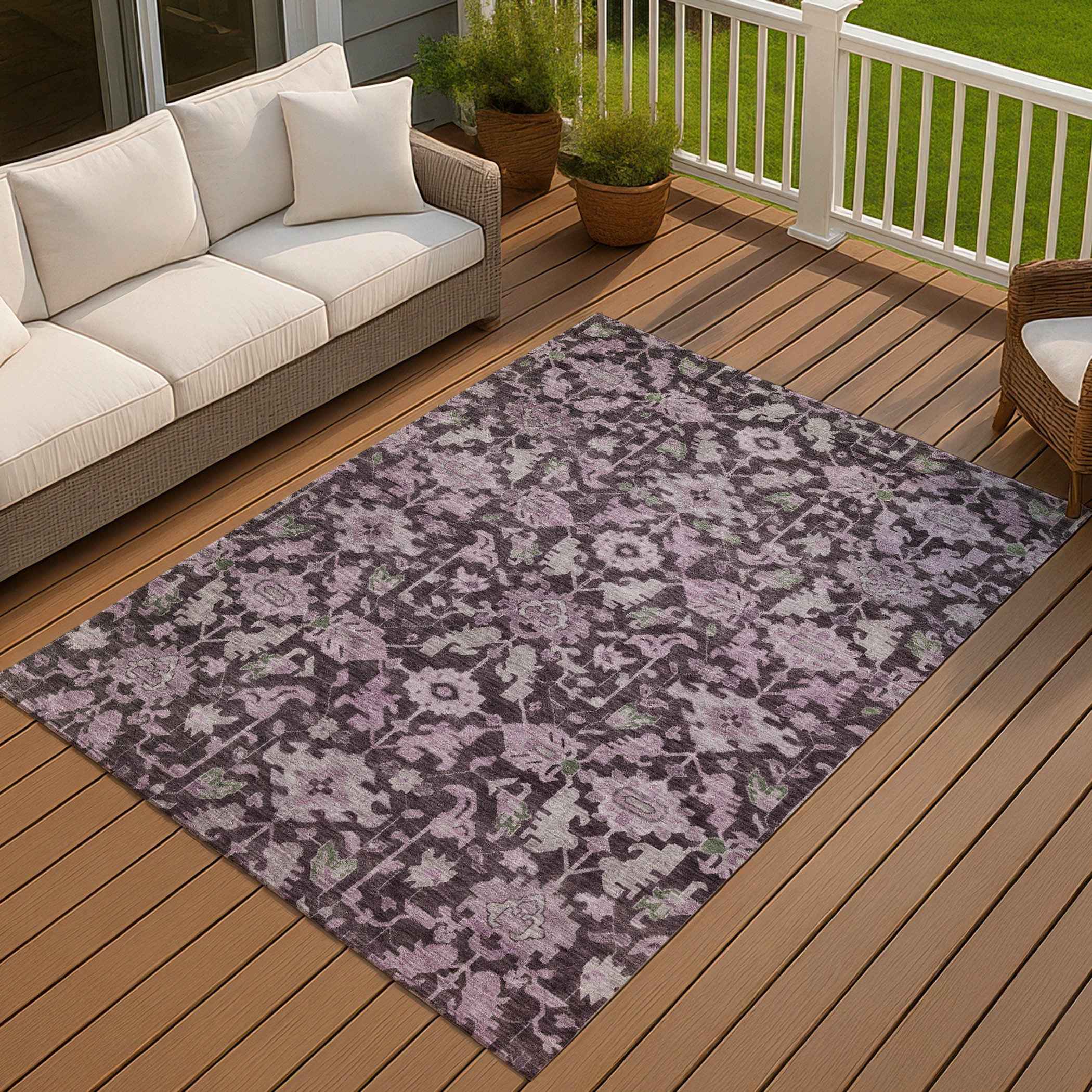 3' X 5' Eggplant And Gray Floral Washable Indoor Outdoor Area Rug