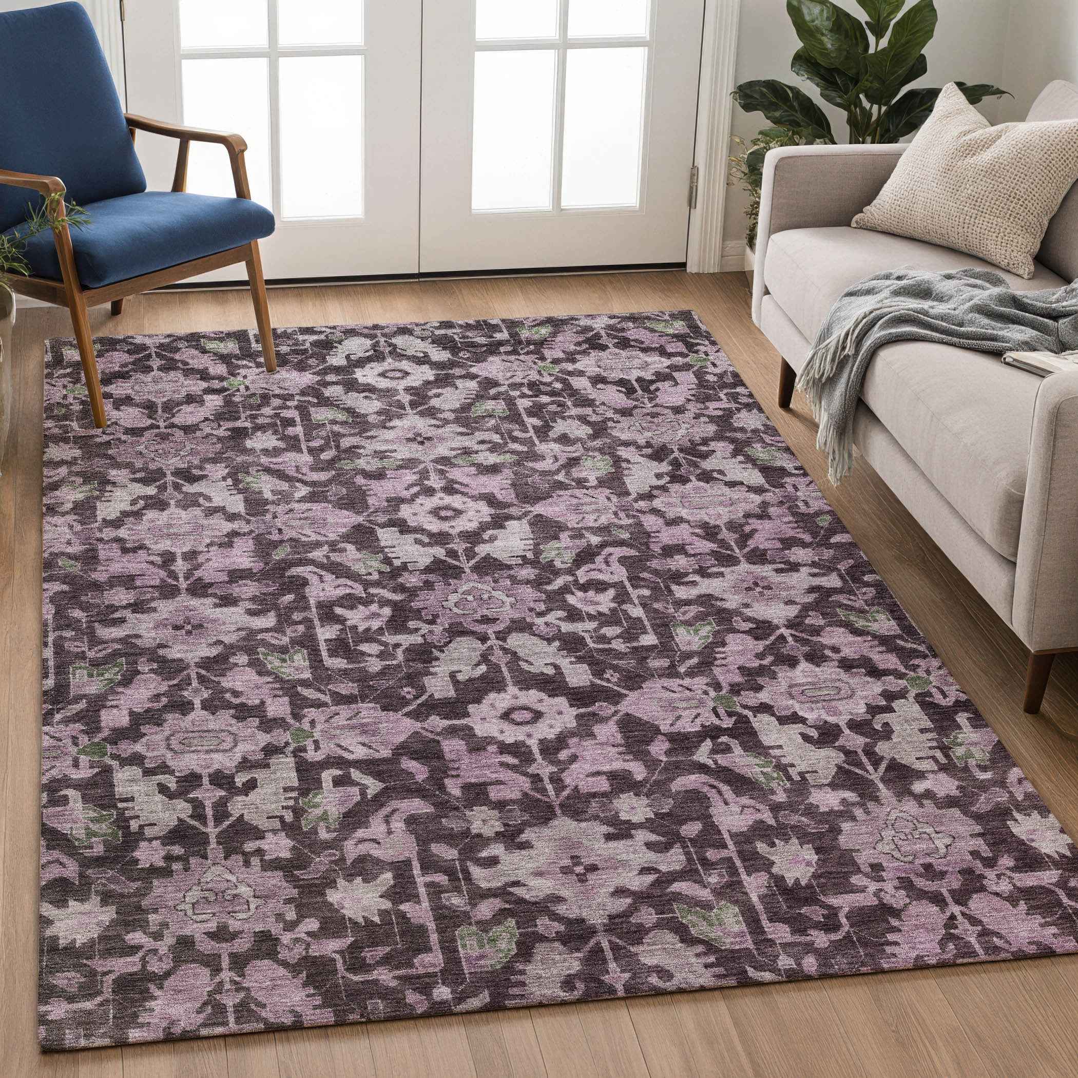 3' X 5' Eggplant And Gray Floral Washable Indoor Outdoor Area Rug