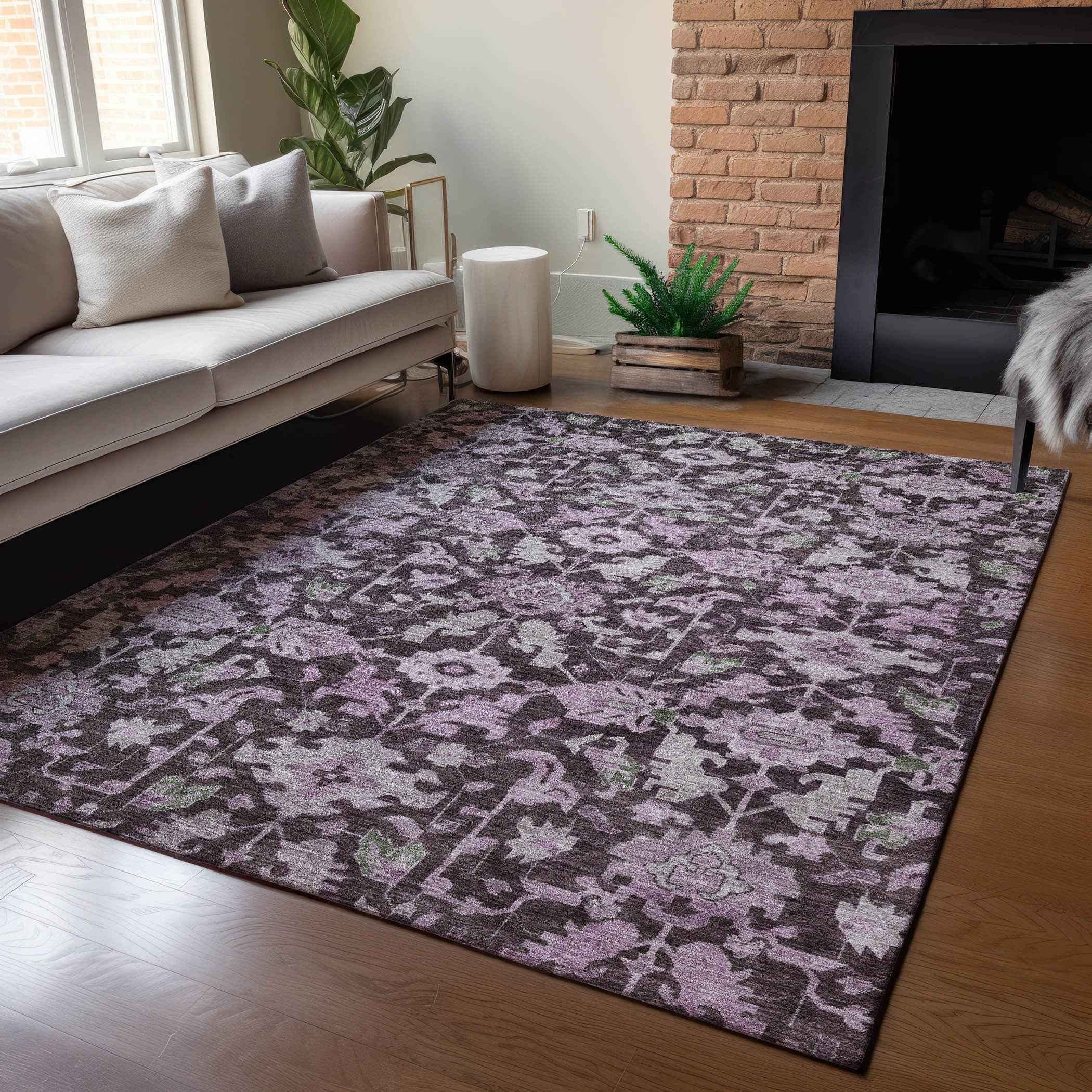 3' X 5' Eggplant And Gray Floral Washable Indoor Outdoor Area Rug