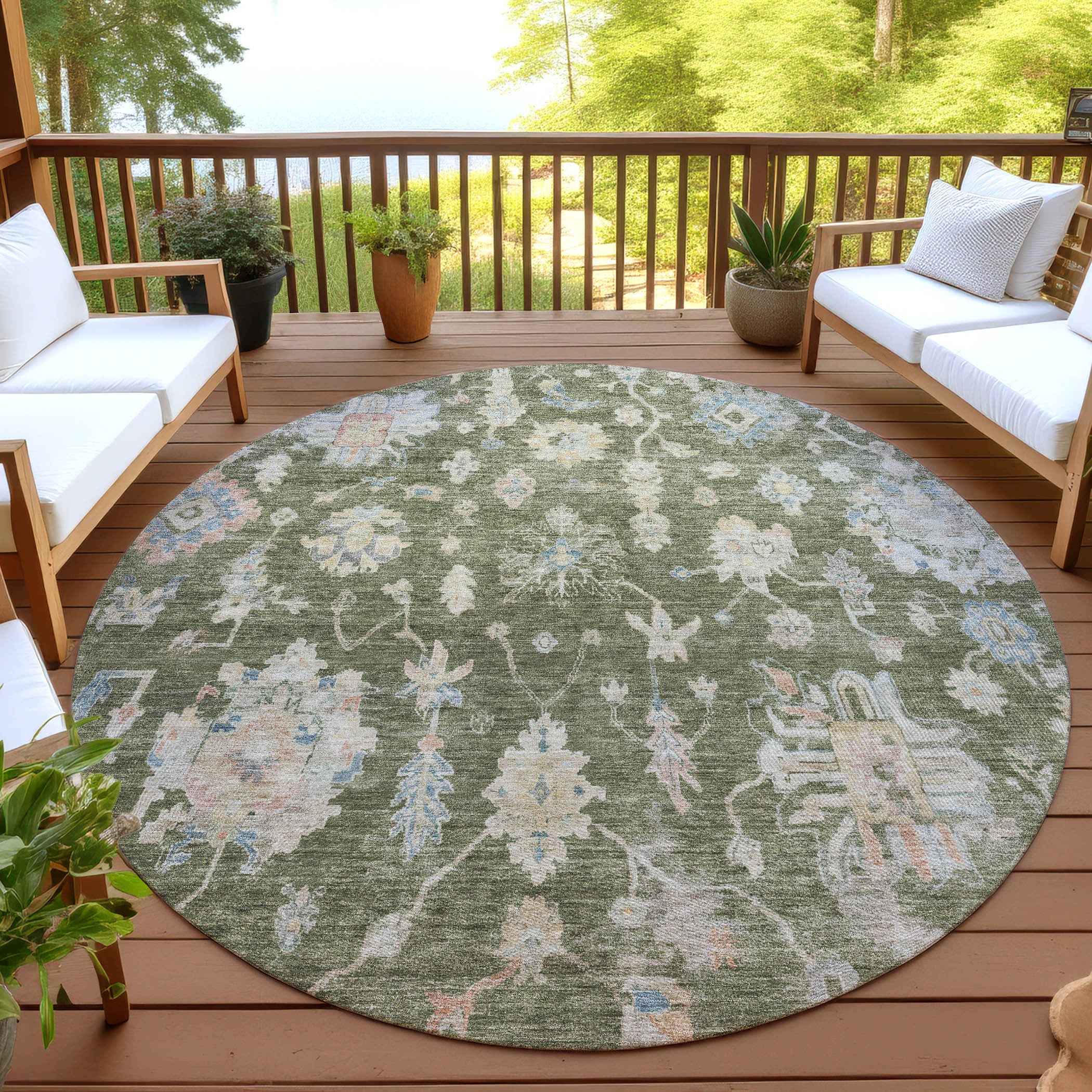8' Olive Green Beige And Blue Round Floral Washable Indoor Outdoor Area Rug