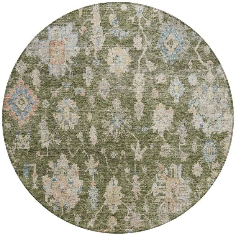 8' Olive Green Beige And Blue Round Floral Washable Indoor Outdoor Area Rug