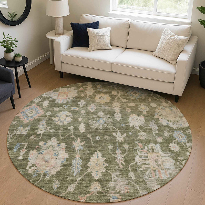 8' Olive Green Beige And Blue Round Floral Washable Indoor Outdoor Area Rug