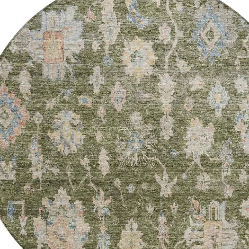 8' Olive Green Beige And Blue Round Floral Washable Indoor Outdoor Area Rug