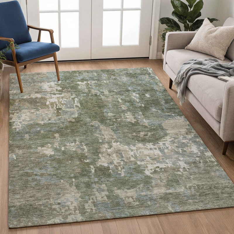 8' X 10' Fern Green And Beige Abstract Washable Indoor Outdoor Area Rug
