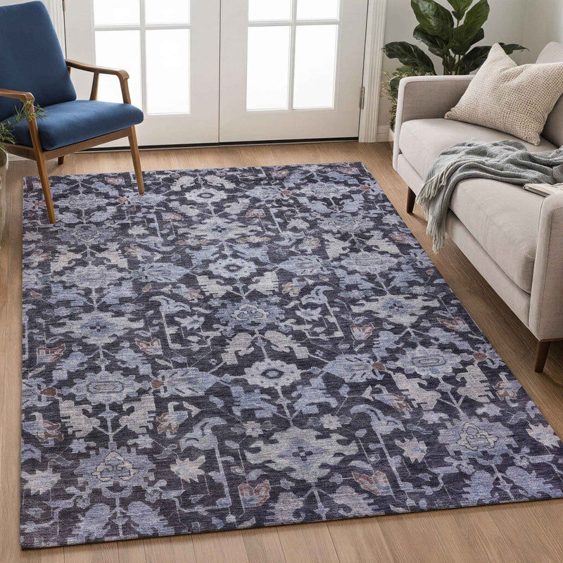 5' X 8' Navy Blue And Plum Floral Washable Indoor Outdoor Area Rug