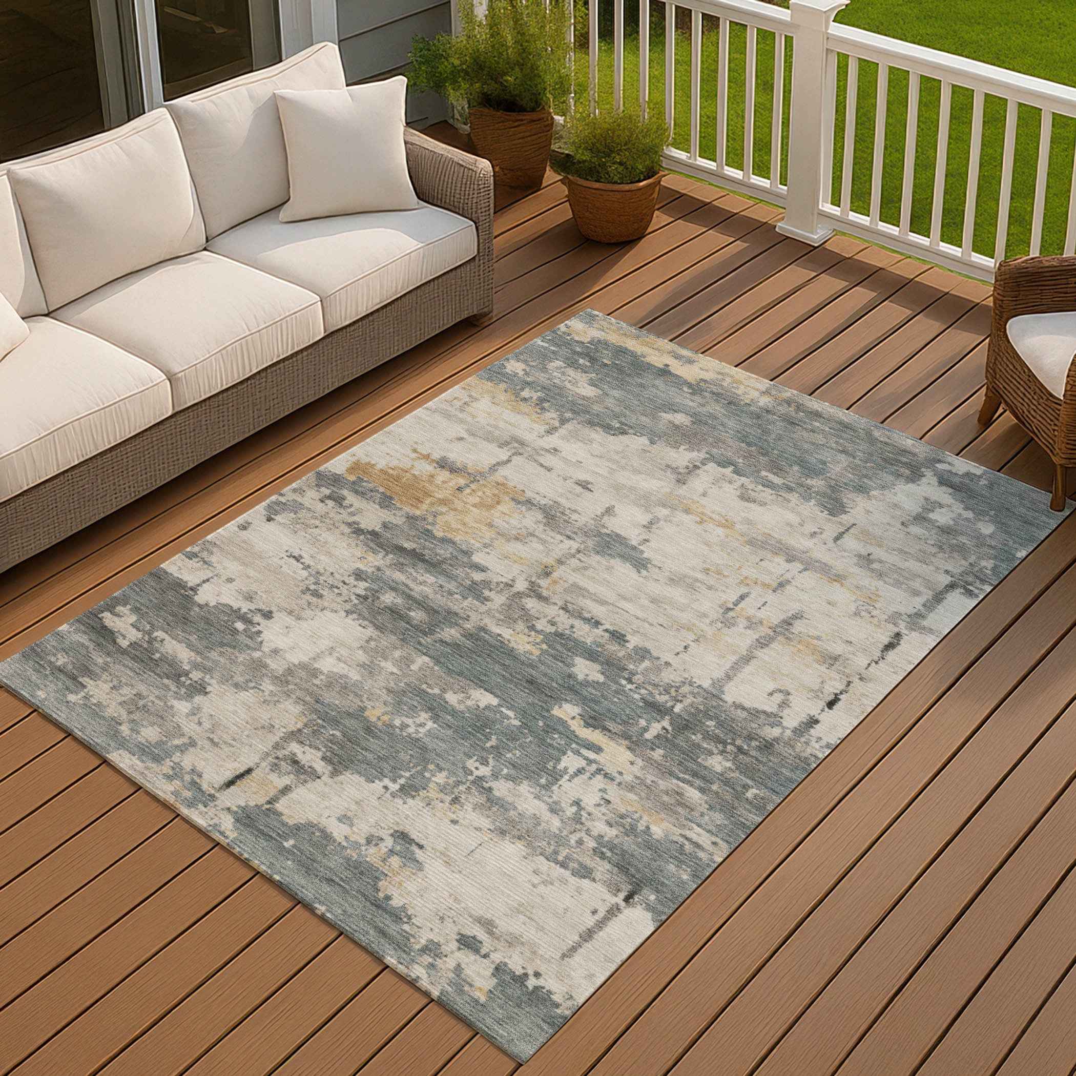 8' X 10' Artichoke Green Gold And Ivory Abstract Washable Indoor Outdoor Area Rug