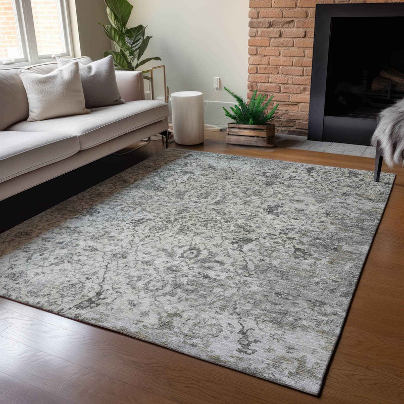 3' X 5' Beige And Gray Damask Washable Indoor Outdoor Area Rug