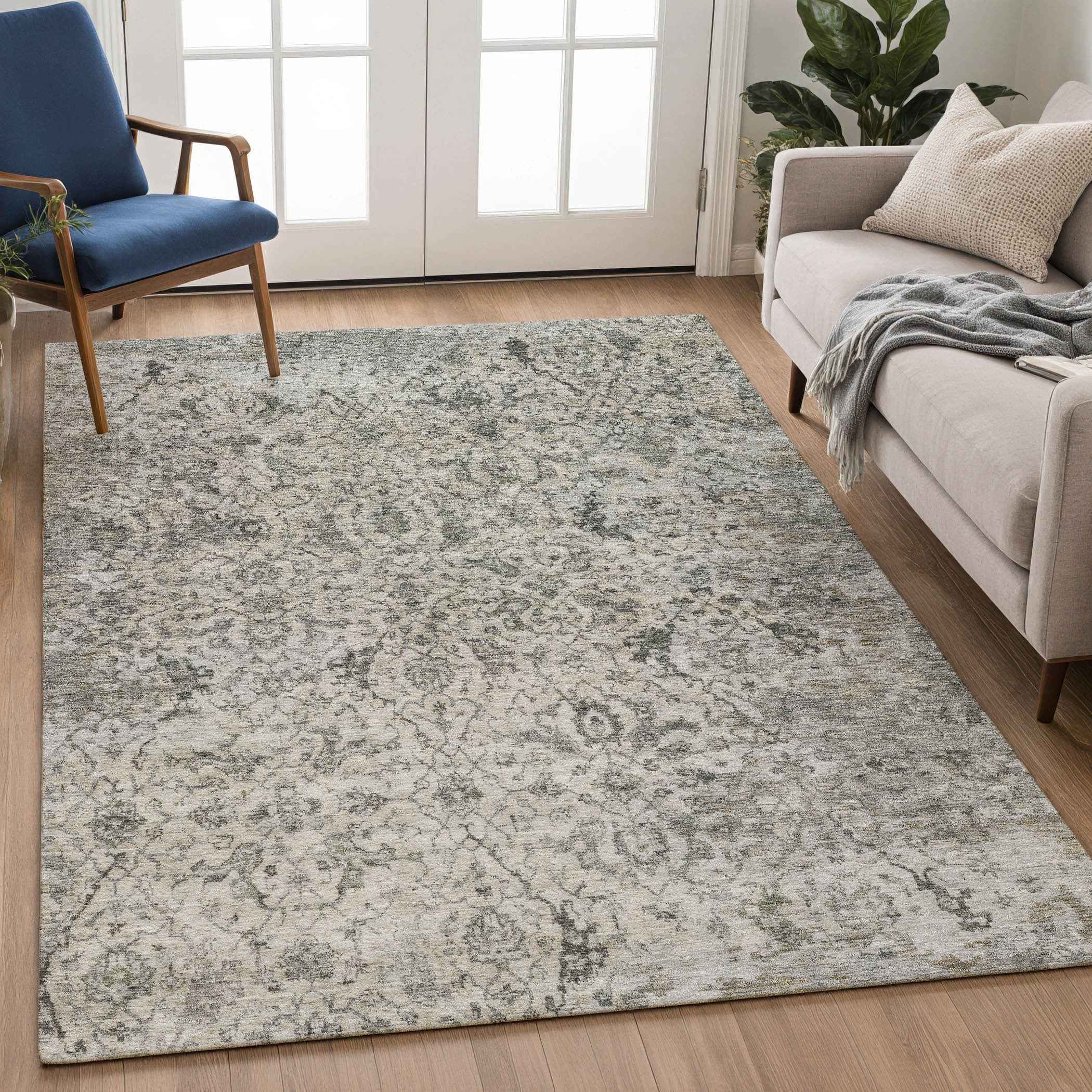 3' X 5' Beige And Gray Damask Washable Indoor Outdoor Area Rug