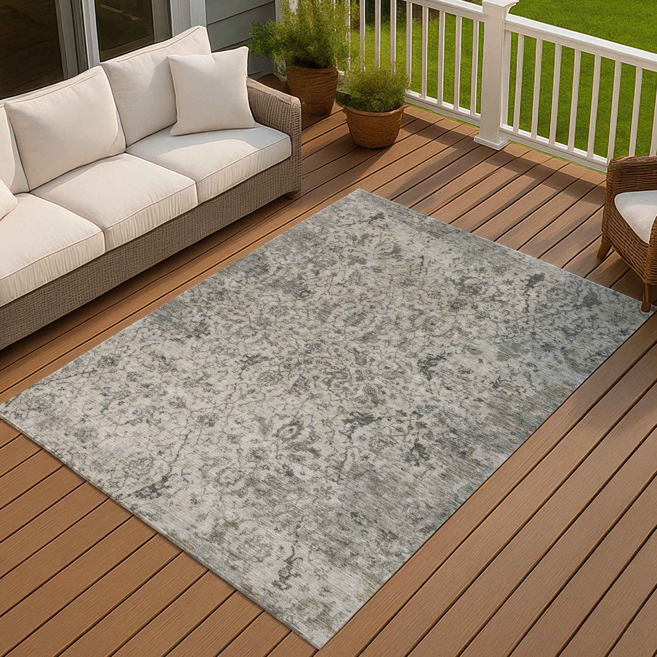 3' X 5' Beige And Gray Damask Washable Indoor Outdoor Area Rug