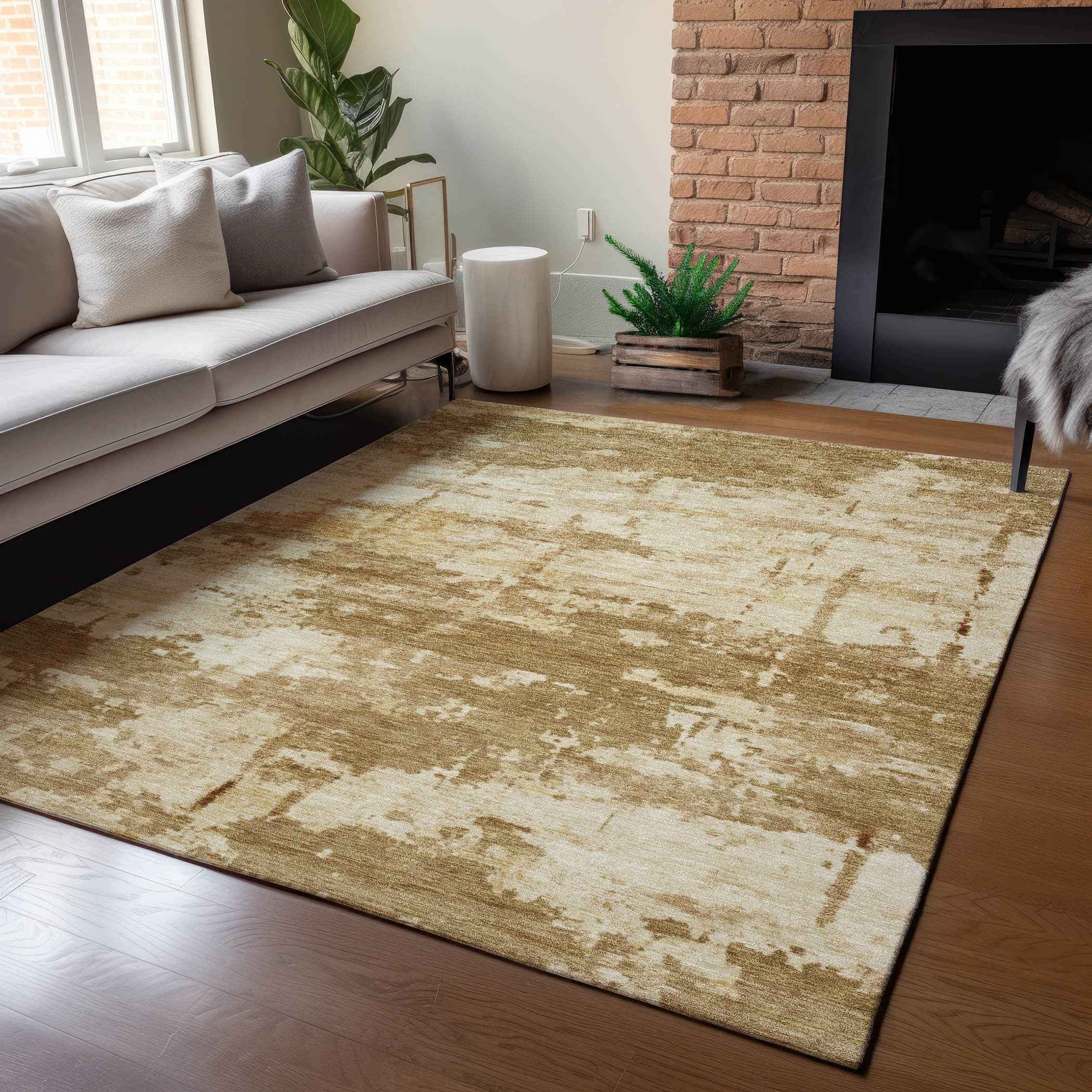 9' X 12' Brown And Beige Abstract Washable Indoor Outdoor Area Rug