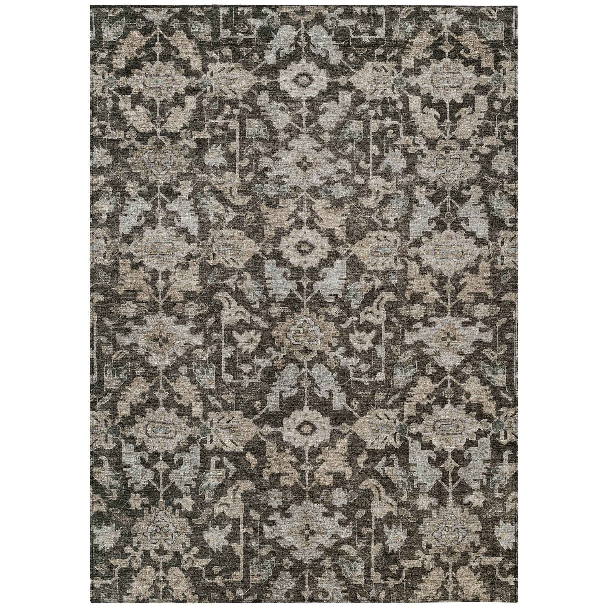 10' X 14' Chocolate And Gray Floral Washable Indoor Outdoor Area Rug