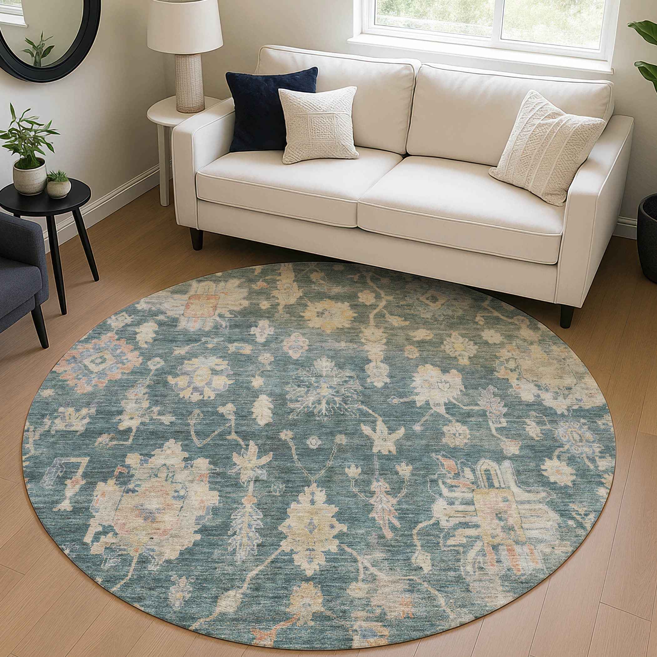 8' Teal Blue Beige And Gold Round Floral Washable Indoor Outdoor Area Rug