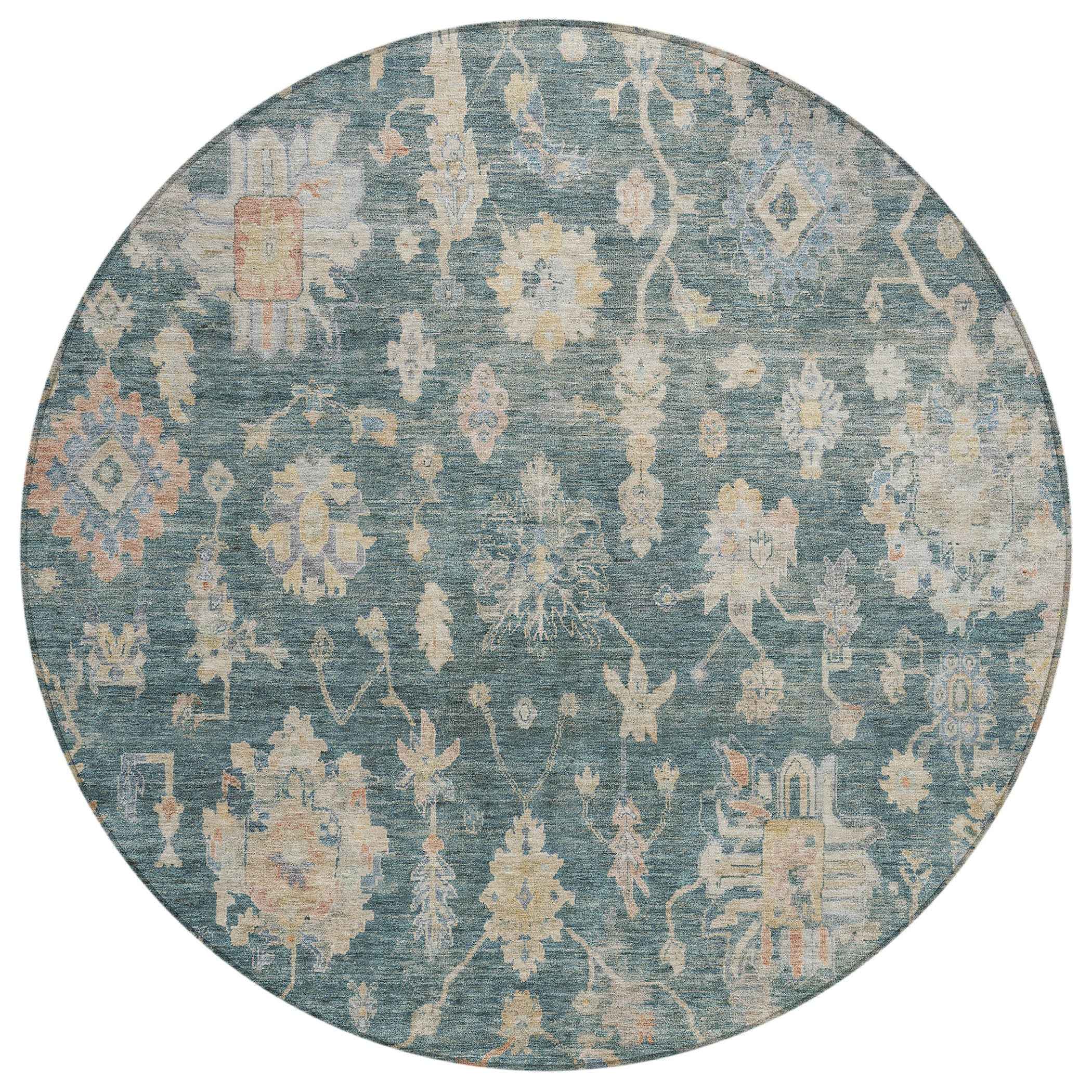 8' Teal Blue Beige And Gold Round Floral Washable Indoor Outdoor Area Rug