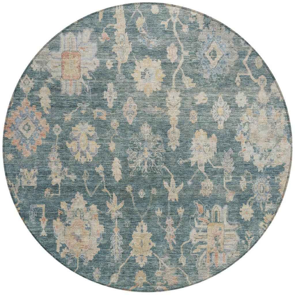 8' Teal Blue Beige And Gold Round Floral Washable Indoor Outdoor Area Rug