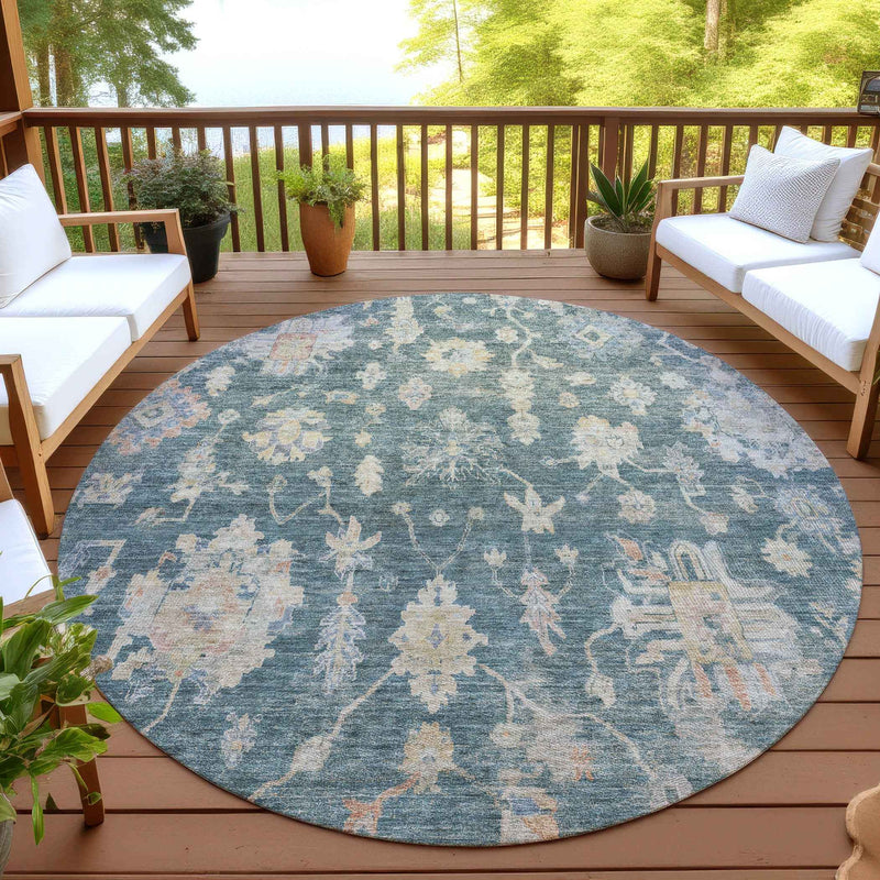 8' Teal Blue Beige And Gold Round Floral Washable Indoor Outdoor Area Rug