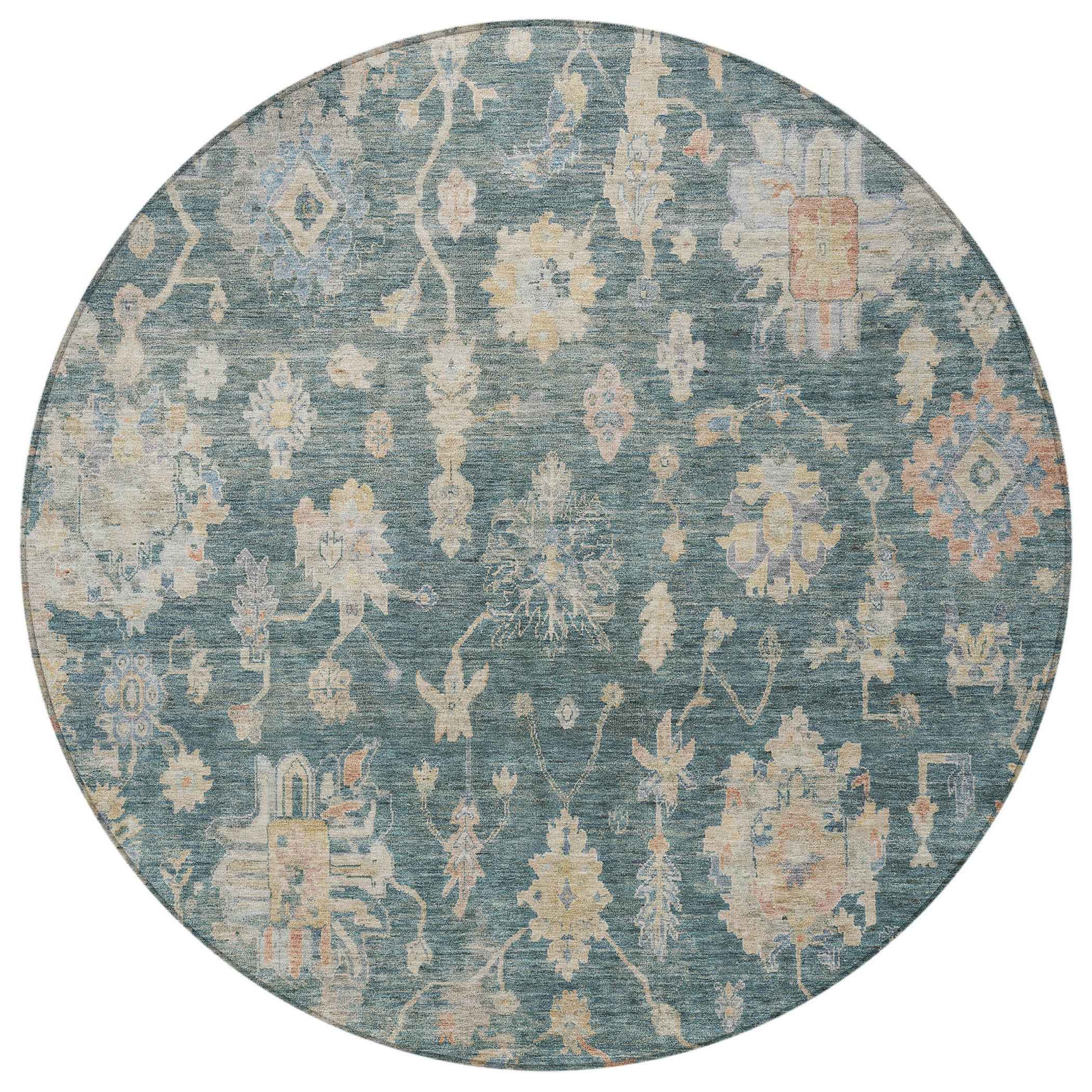 8' Teal Blue Beige And Gold Round Floral Washable Indoor Outdoor Area Rug