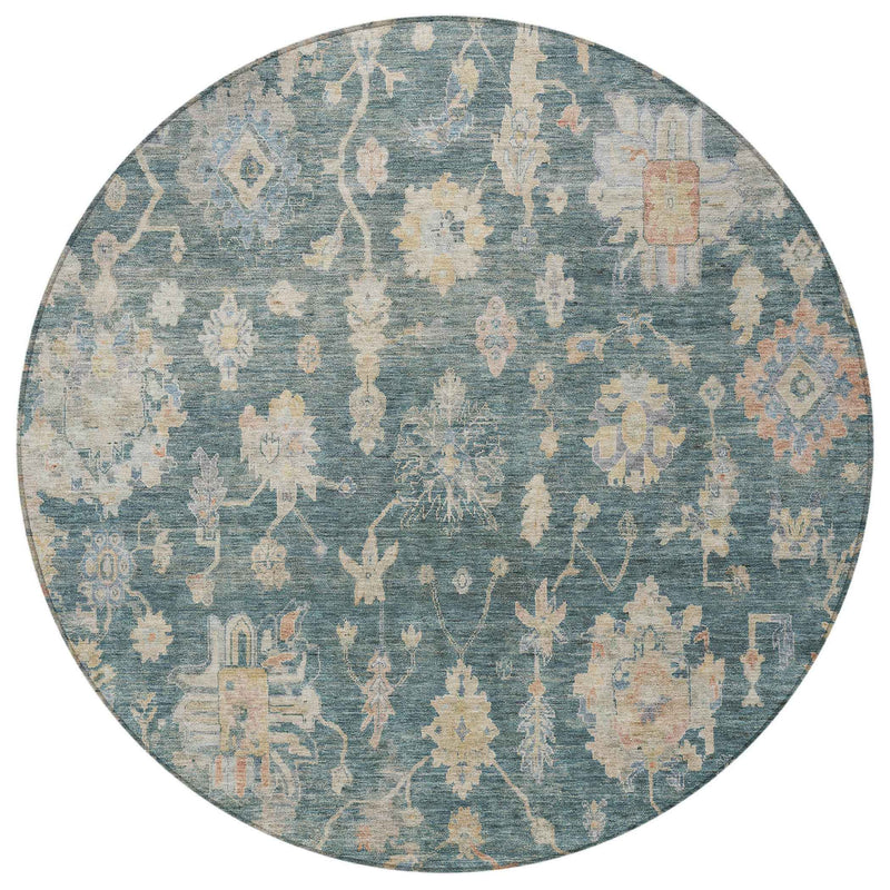 8' Teal Blue Beige And Gold Round Floral Washable Indoor Outdoor Area Rug