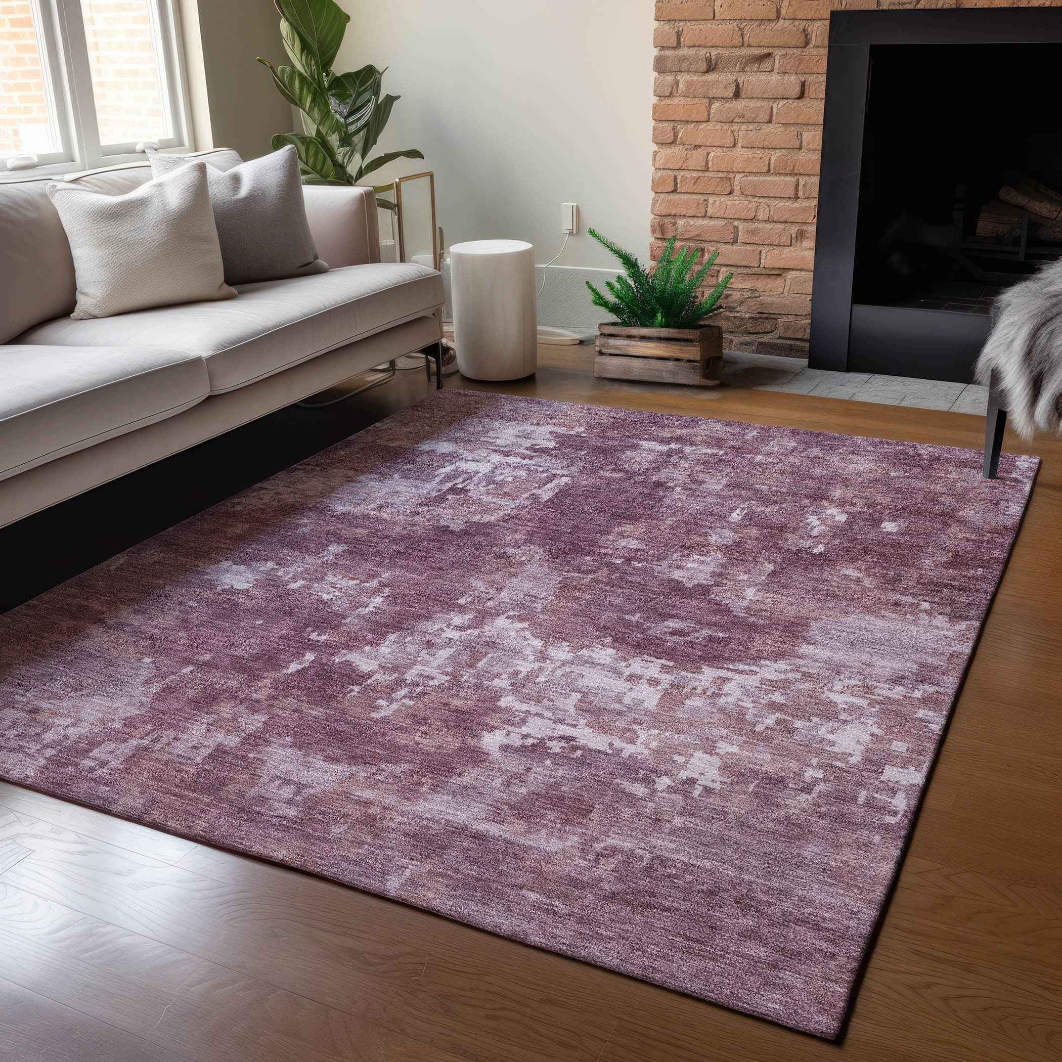 5' X 8' Merlot And Gray Abstract Washable Indoor Outdoor Area Rug