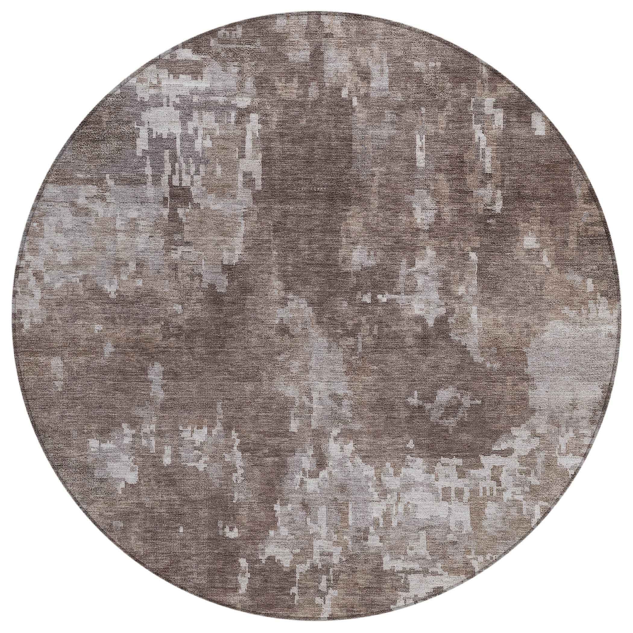8' Brown And Ivory Round Abstract Washable Indoor Outdoor Area Rug