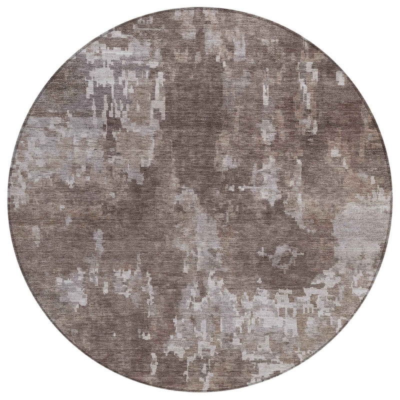 8' Brown And Ivory Round Abstract Washable Indoor Outdoor Area Rug