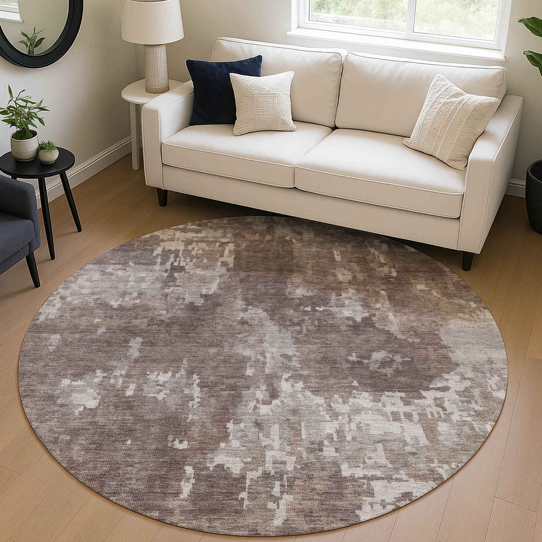 8' Brown And Ivory Round Abstract Washable Indoor Outdoor Area Rug