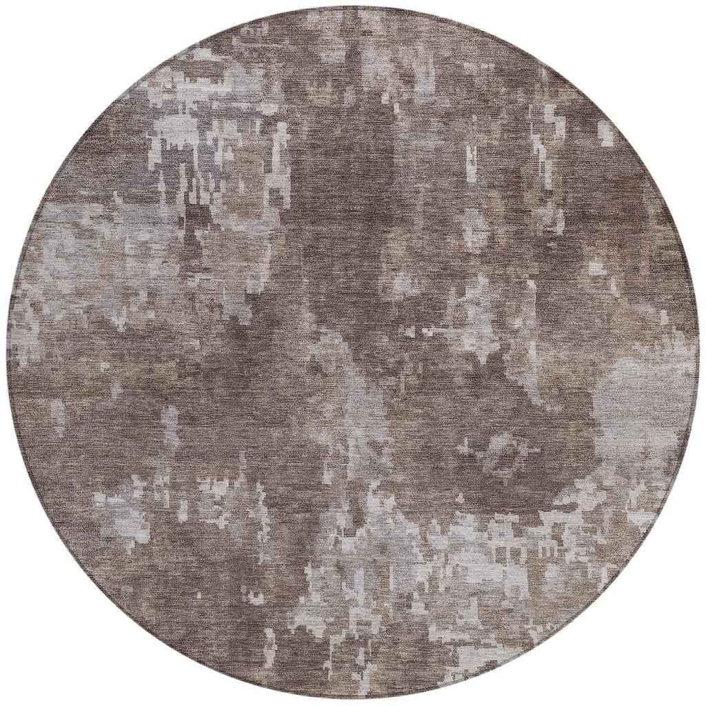 8' Brown And Ivory Round Abstract Washable Indoor Outdoor Area Rug