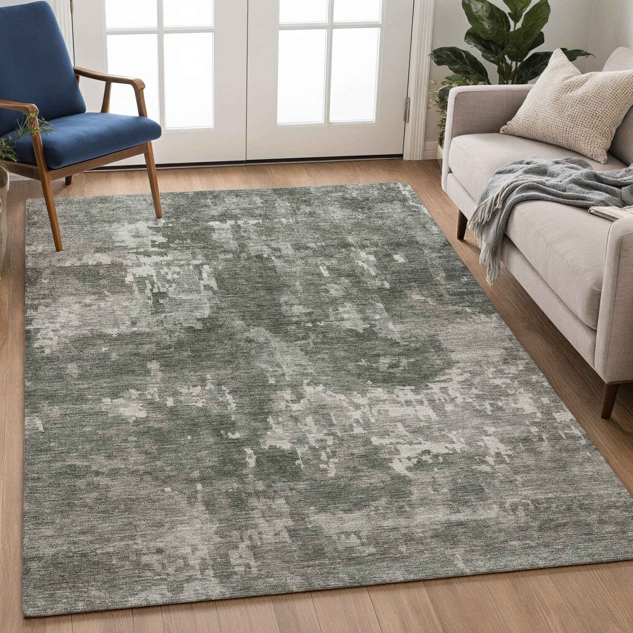 8' X 10' Pewter And Ivory Abstract Washable Indoor Outdoor Area Rug
