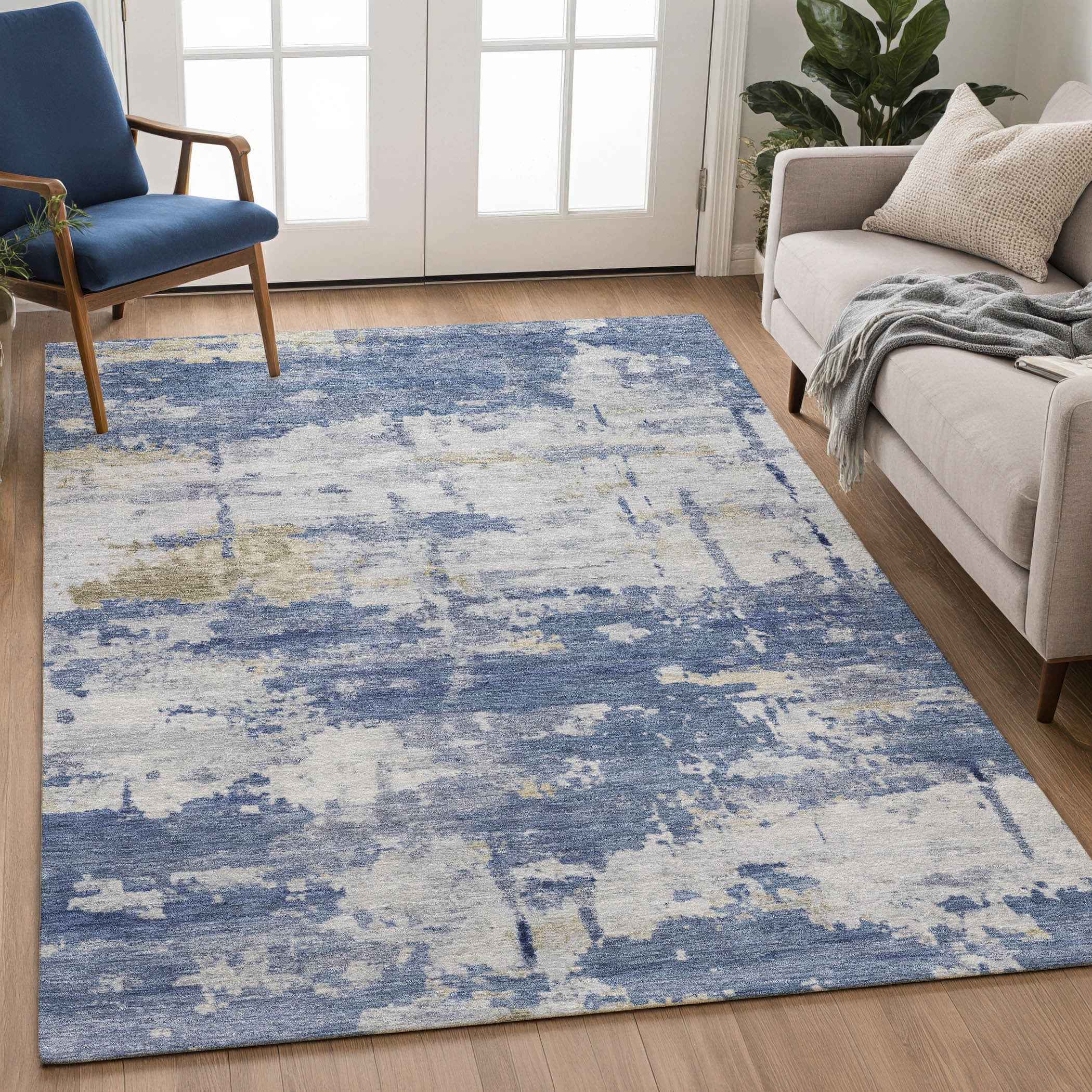 3' X 5' Navy Blue And Ivory Abstract Washable Indoor Outdoor Area Rug