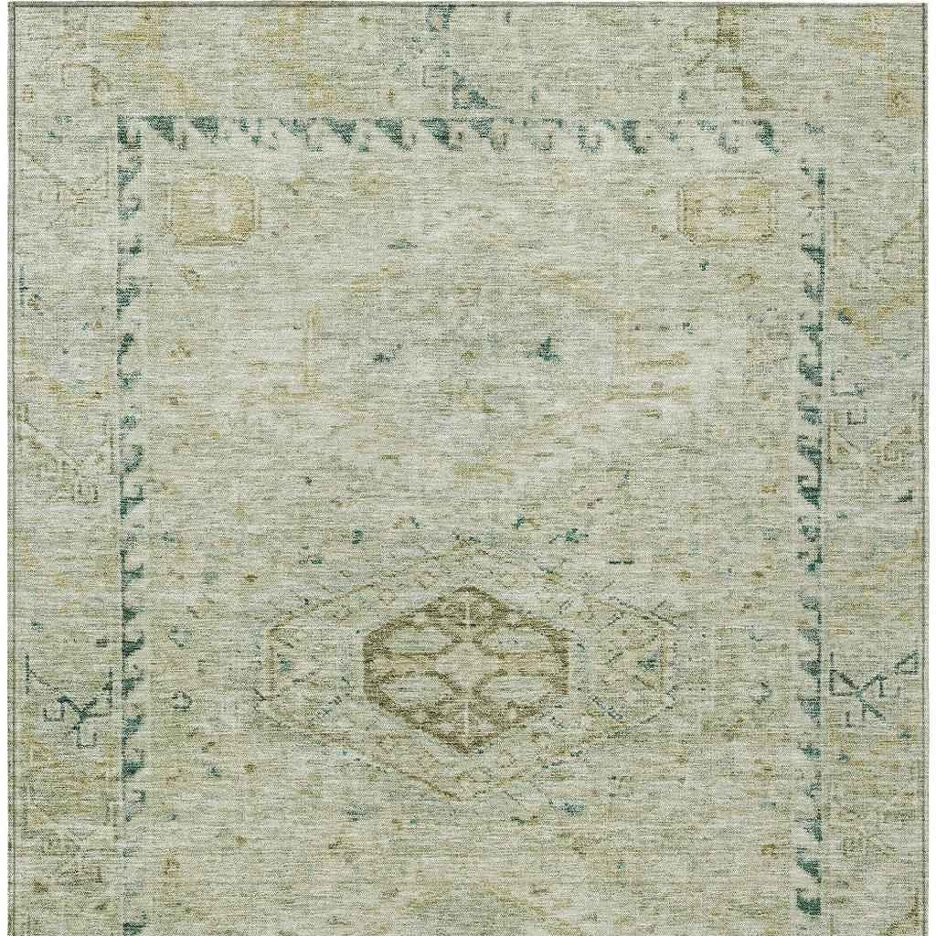 10' X 14' Sage And Gold Medallion Washable Indoor Outdoor Area Rug