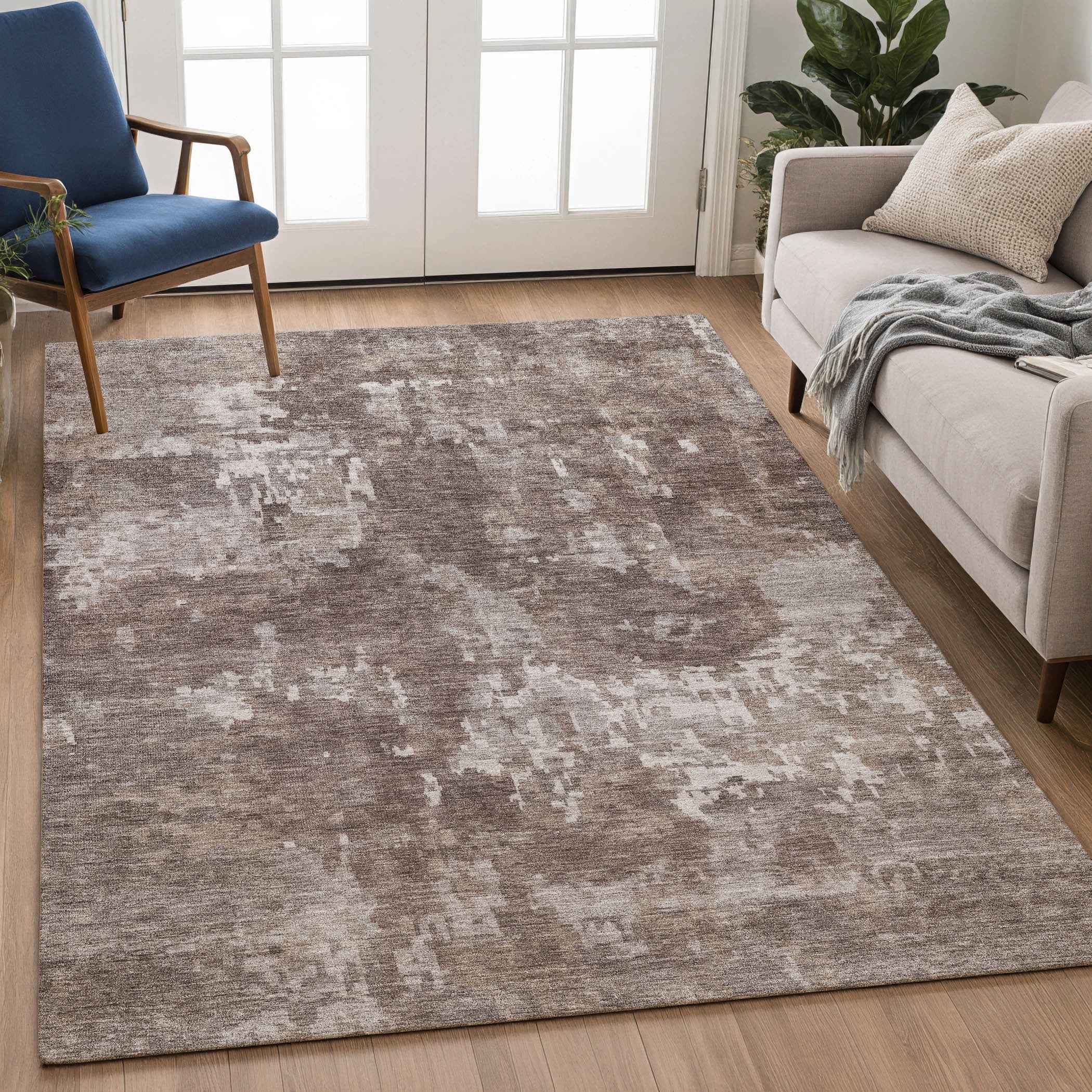 10' X 14' Brown And Ivory Abstract Washable Indoor Outdoor Area Rug