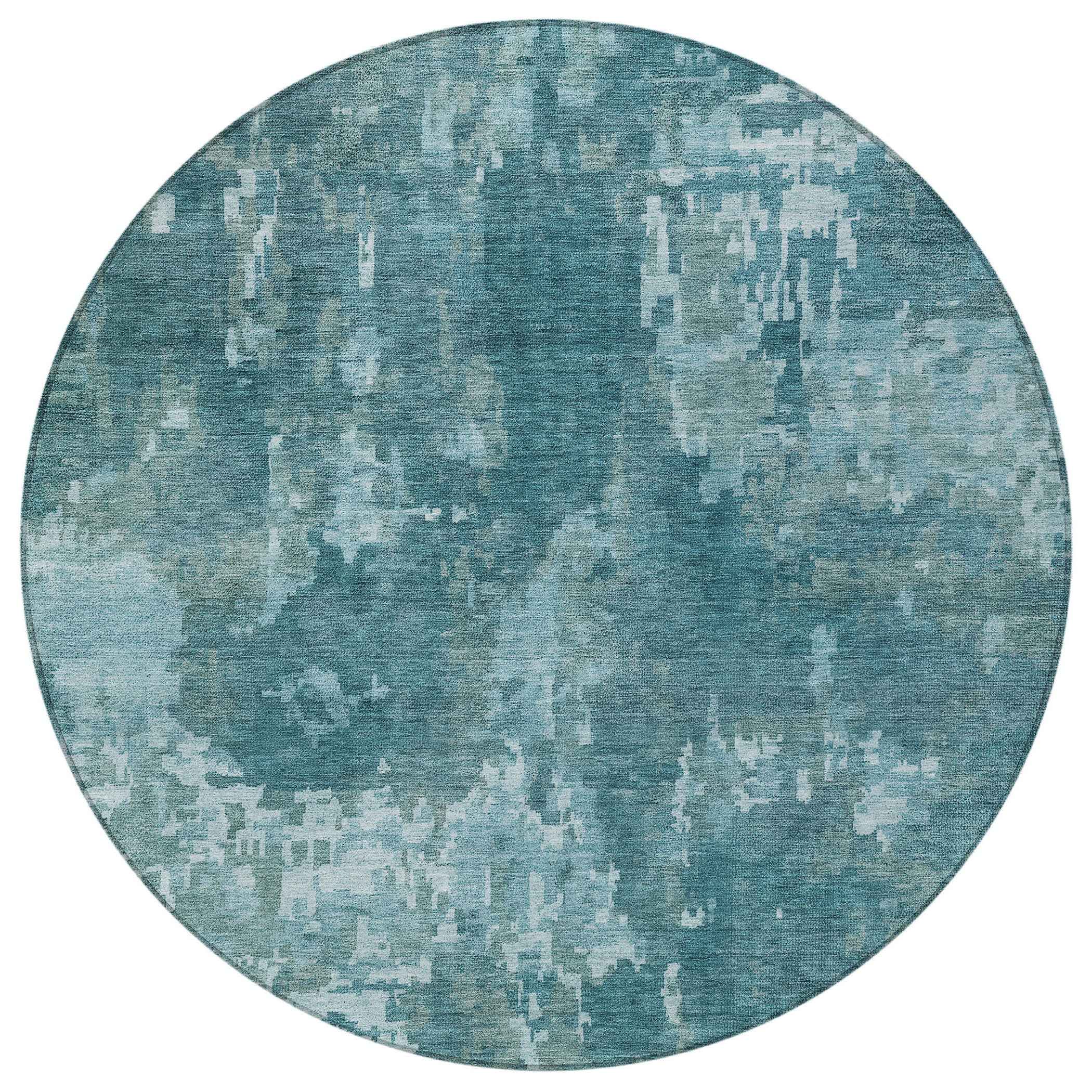 8' Teal Blue And Aqua Round Abstract Washable Indoor Outdoor Area Rug