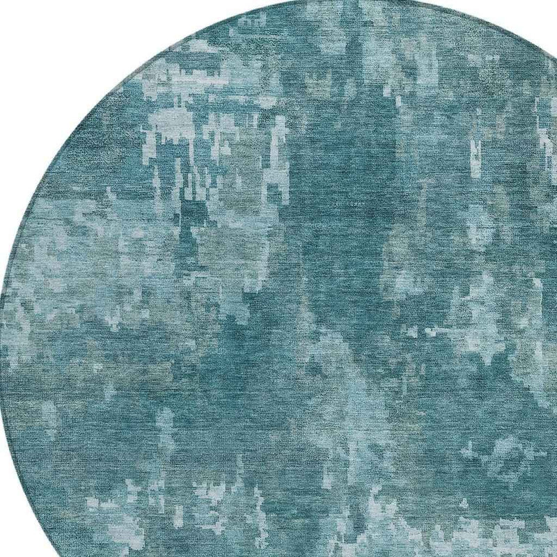 8' Teal Blue And Aqua Round Abstract Washable Indoor Outdoor Area Rug