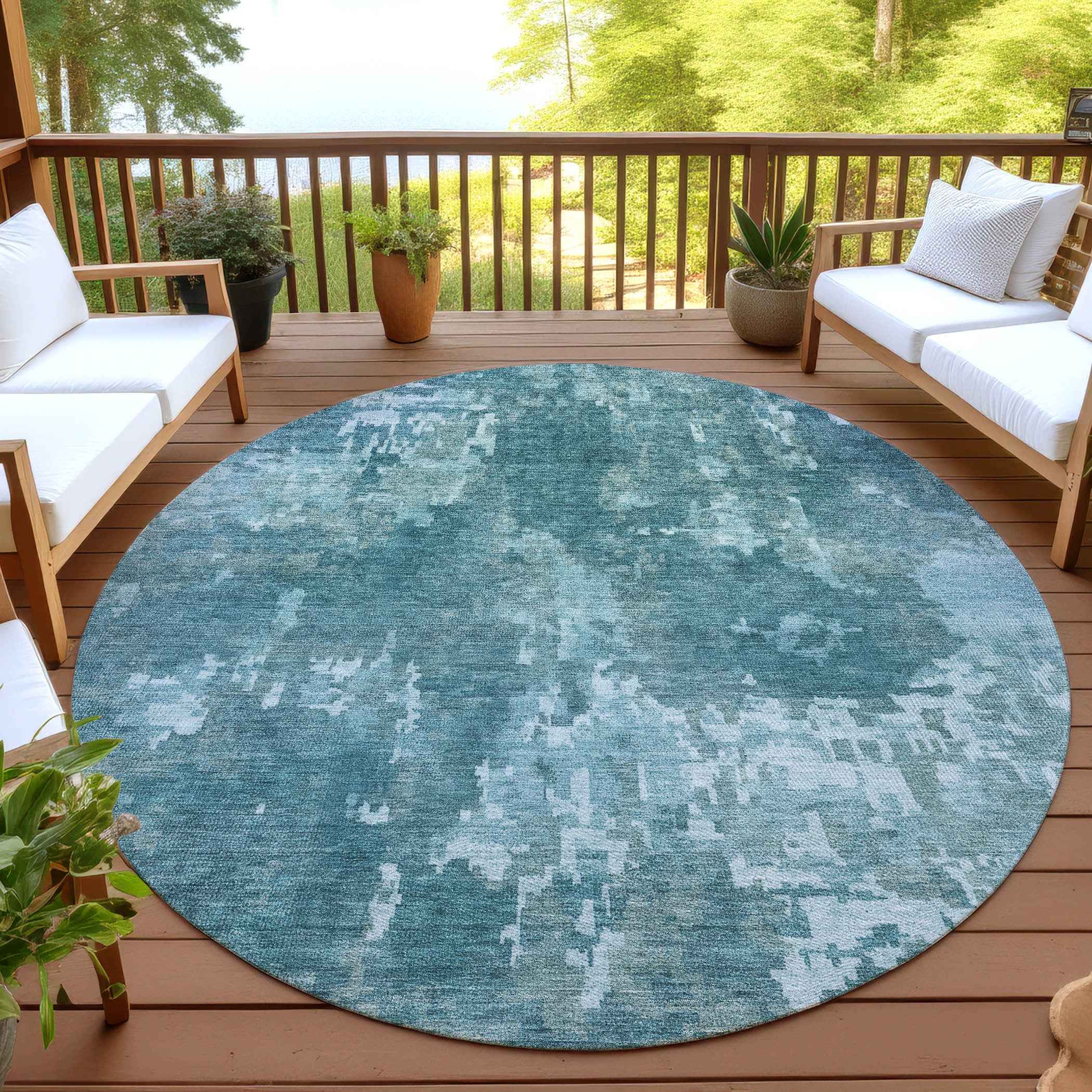 8' Teal Blue And Aqua Round Abstract Washable Indoor Outdoor Area Rug