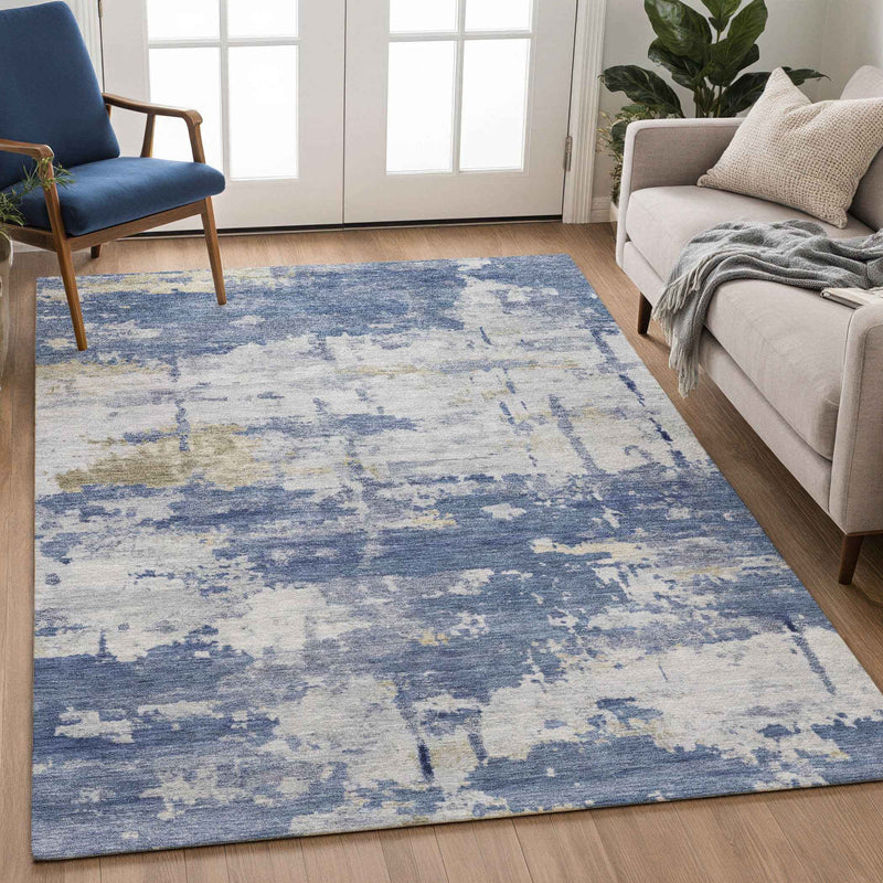 5' X 8' Navy Blue And Ivory Abstract Washable Indoor Outdoor Area Rug