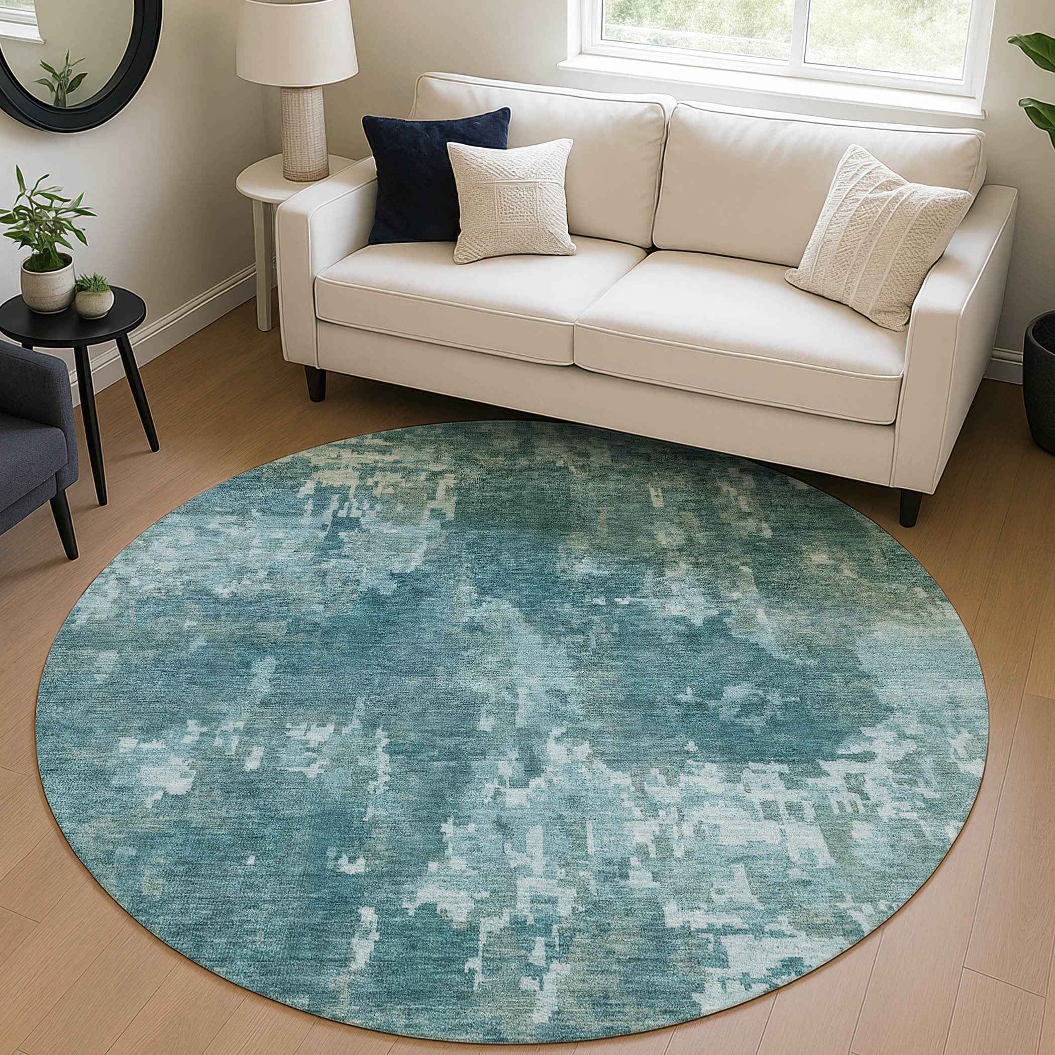 8' Teal Blue And Aqua Round Abstract Washable Indoor Outdoor Area Rug