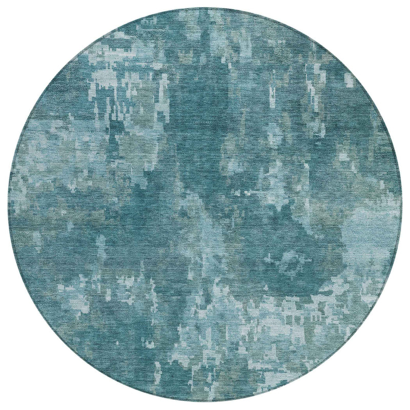 8' Teal Blue And Aqua Round Abstract Washable Indoor Outdoor Area Rug