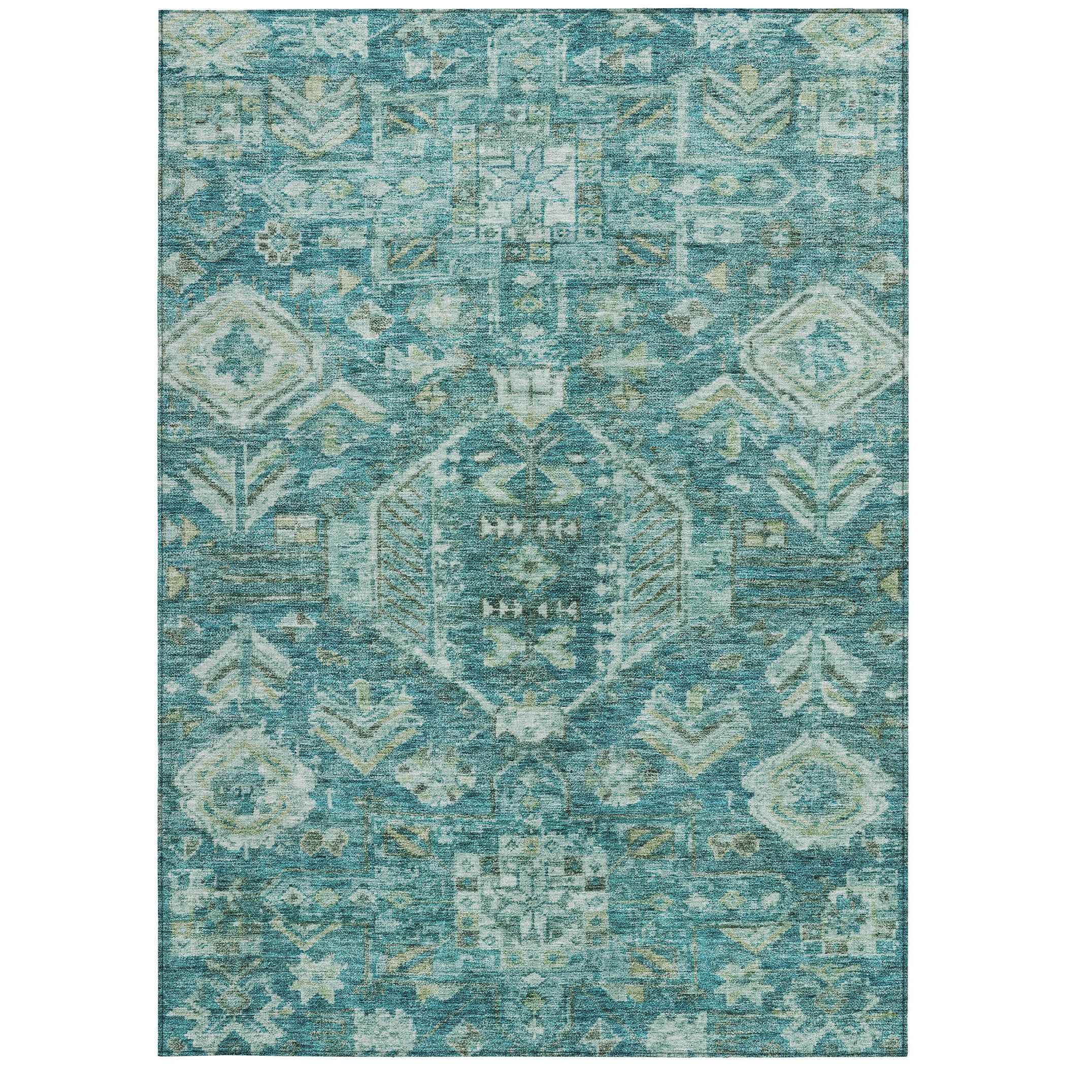 9' X 12' Turquoise And Teal Blue Medallion Washable Indoor Outdoor Area Rug
