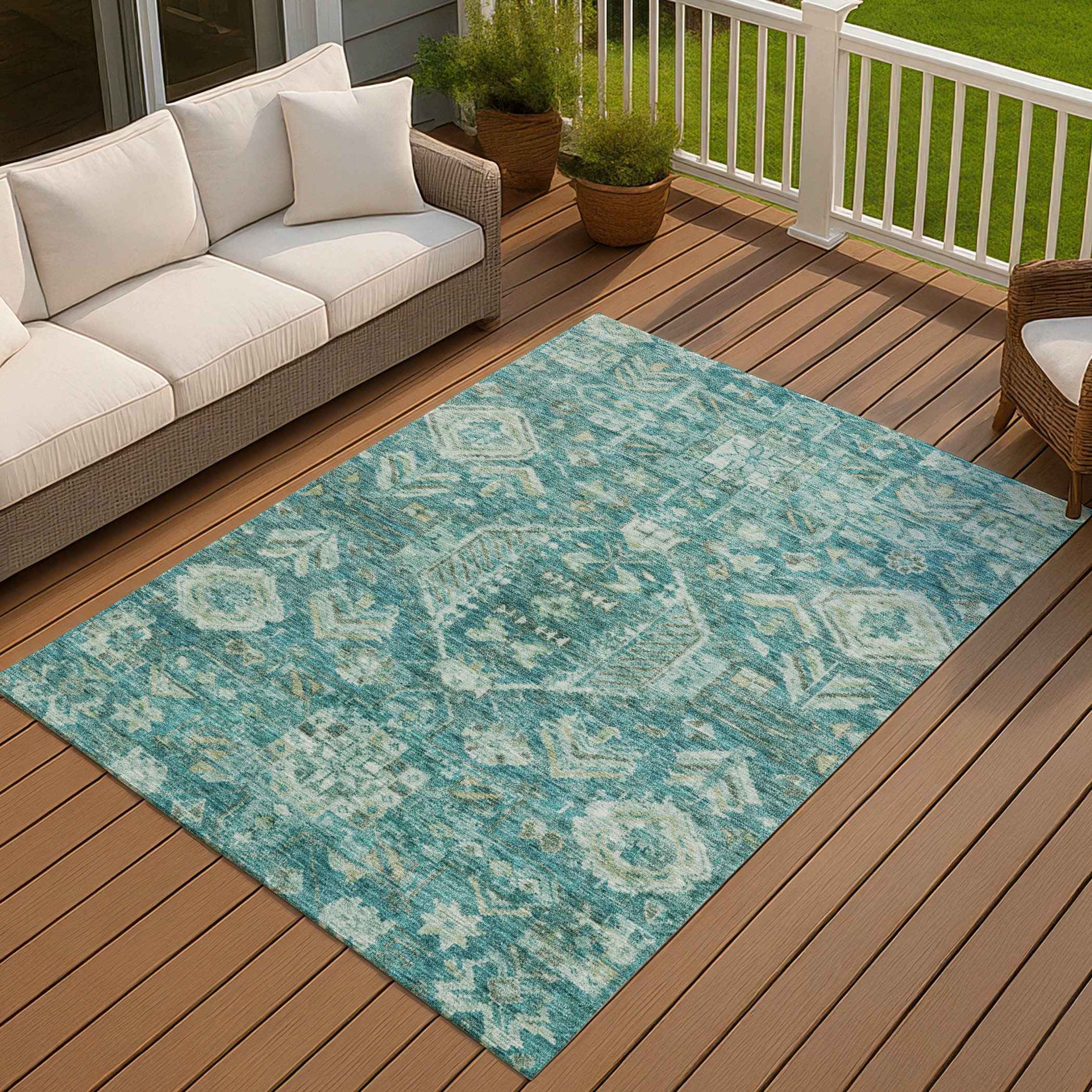 9' X 12' Turquoise And Teal Blue Medallion Washable Indoor Outdoor Area Rug